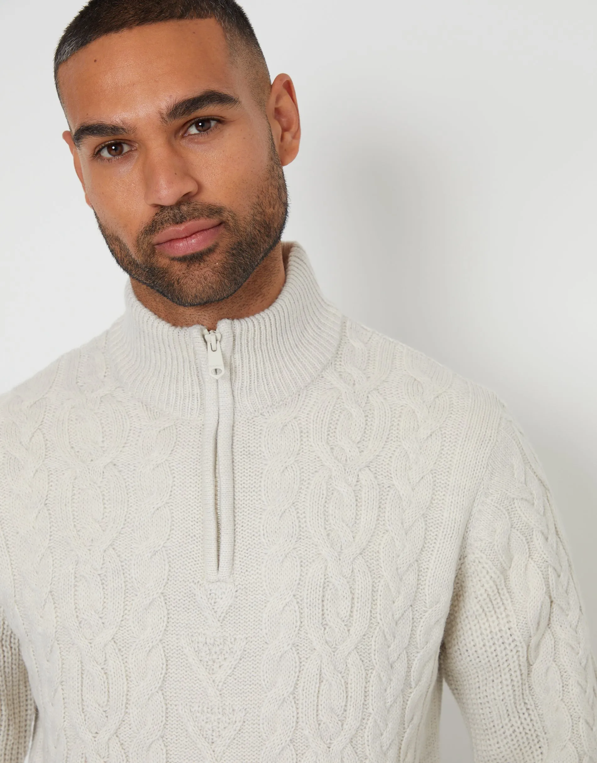Threadbare Men's Light Grey Marl Cable Knit Quarter Zip Jumper sold by Threadbare product image thumbnail 4