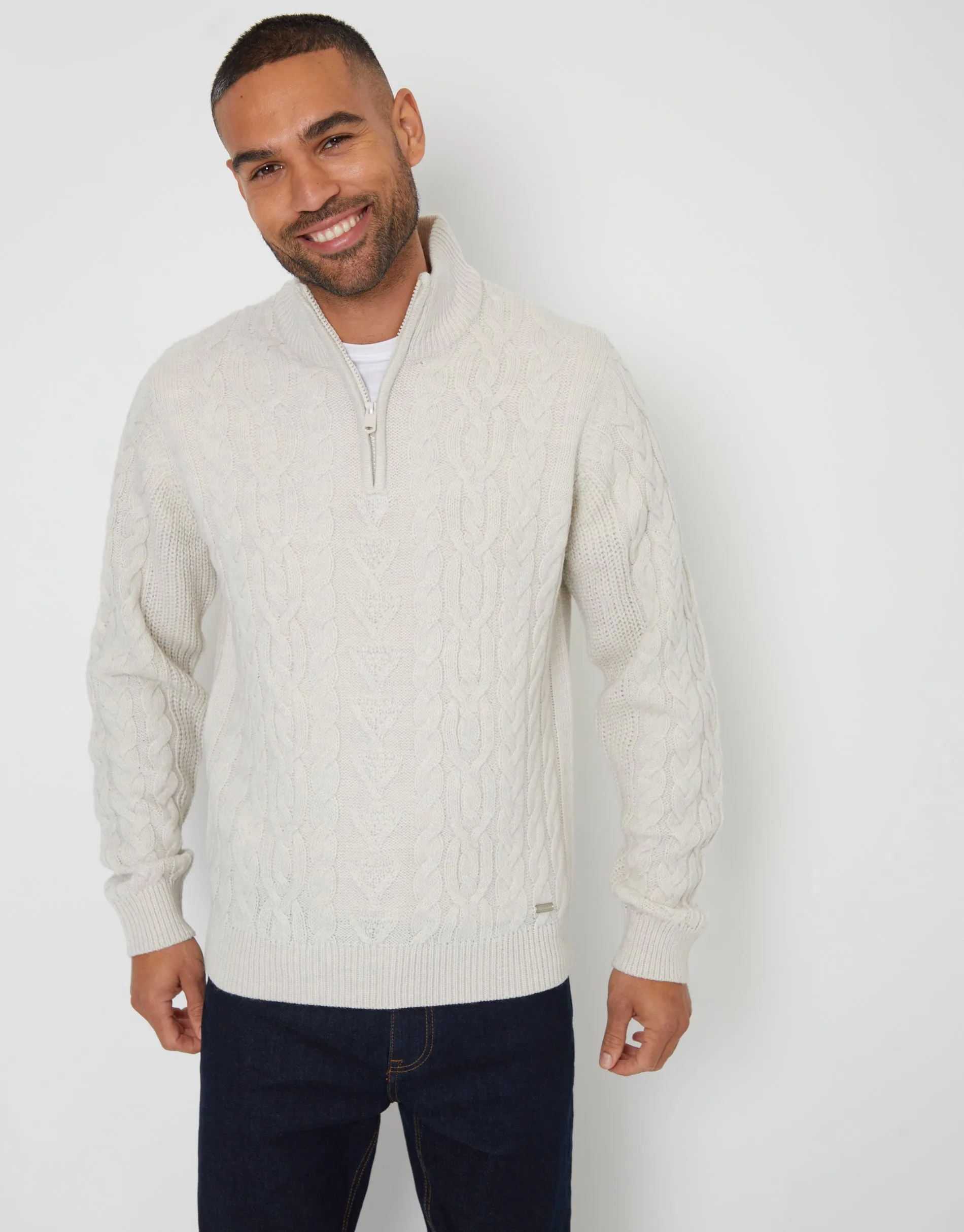 Threadbare Men's Light Grey Marl Cable Knit Quarter Zip Jumper sold by Threadbare