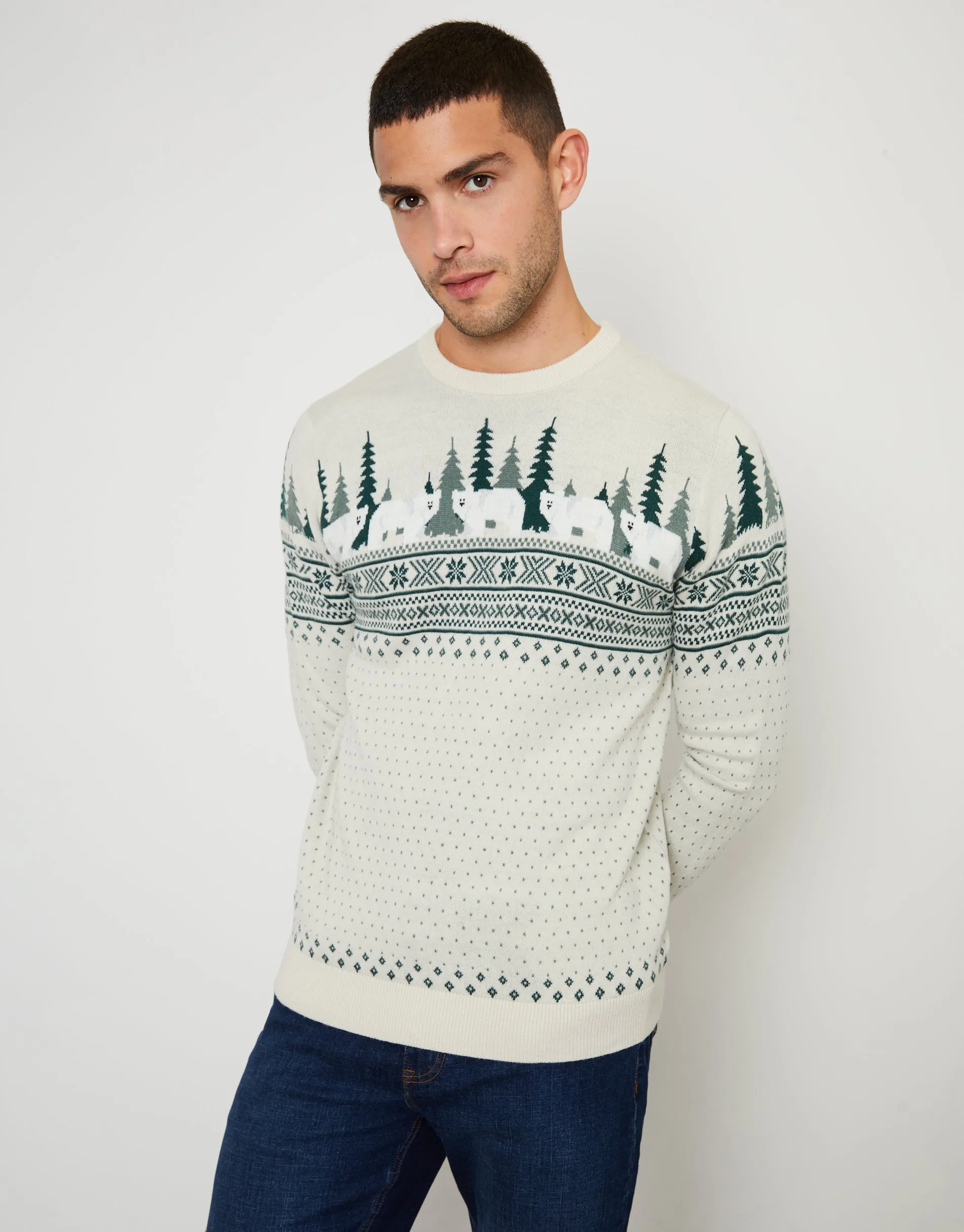 Stone Geo Fairisle Crew Neck Christmas Jumper sold by Threadbare