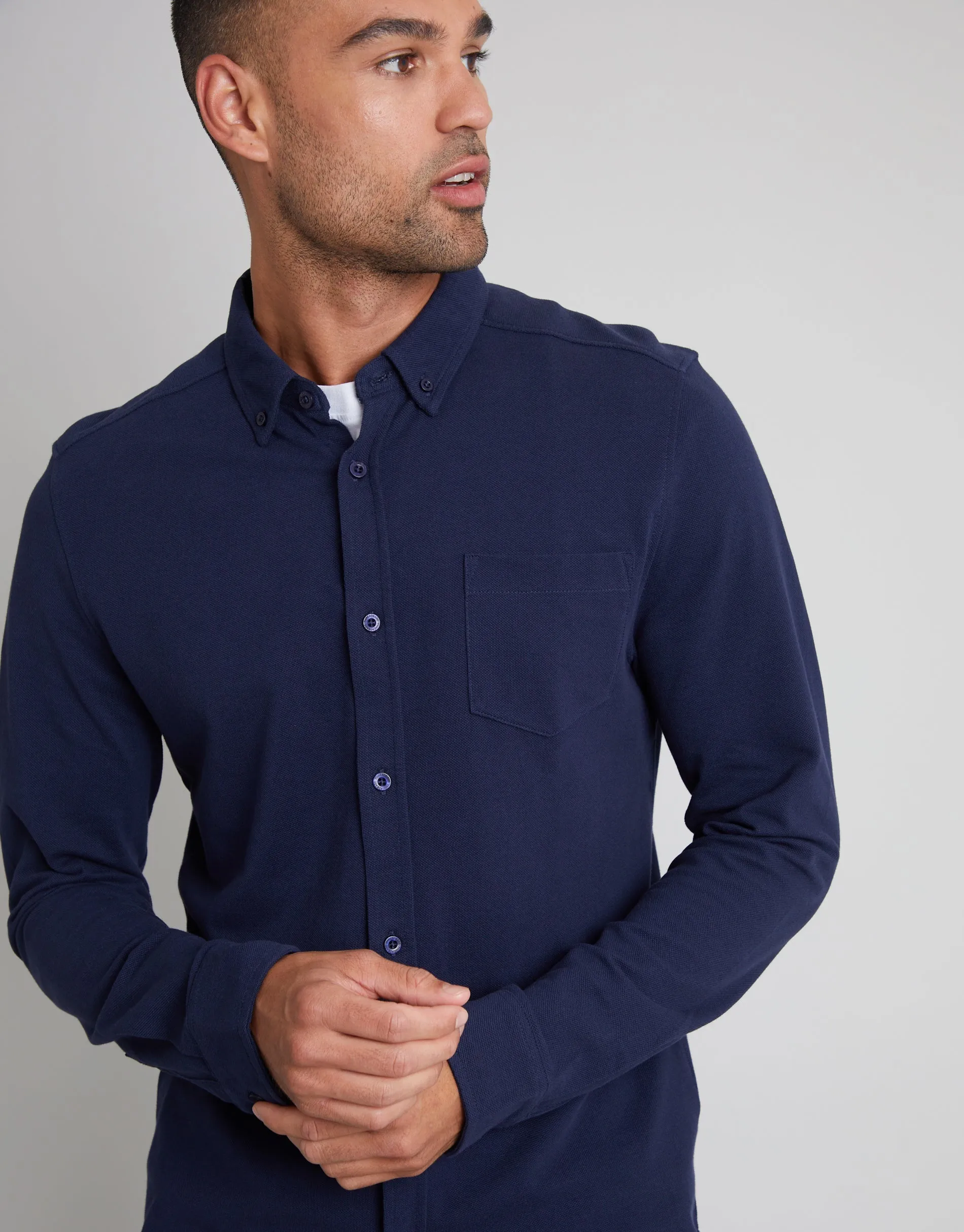 White & Navy Cotton Pique Jersey Long Sleeve Shirts (2 Pack) sold by Threadbare product image thumbnail 5
