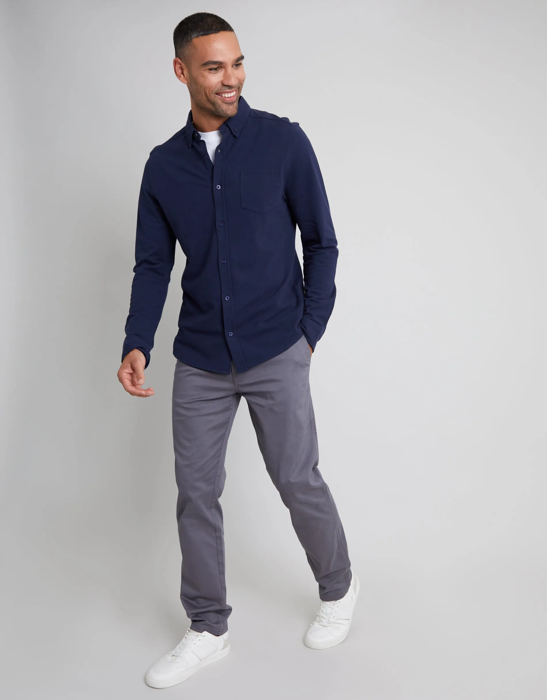 White & Navy Cotton Pique Jersey Long Sleeve Shirts (2 Pack) sold by Threadbare product image thumbnail 4