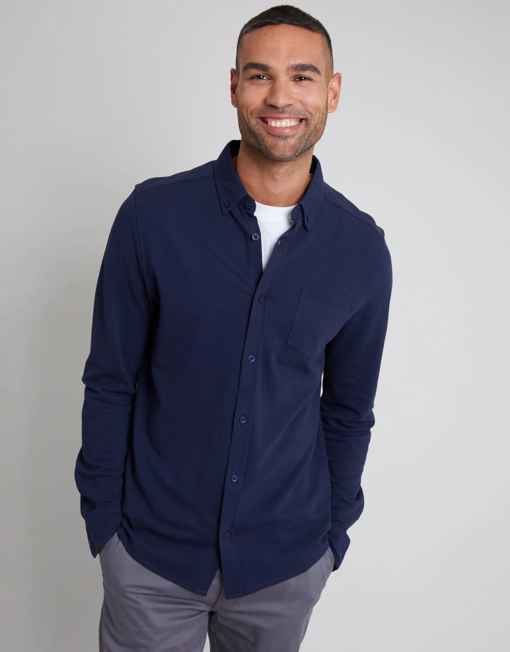 White & Navy Cotton Pique Jersey Long Sleeve Shirts (2 Pack) sold by Threadbare product image thumbnail 2