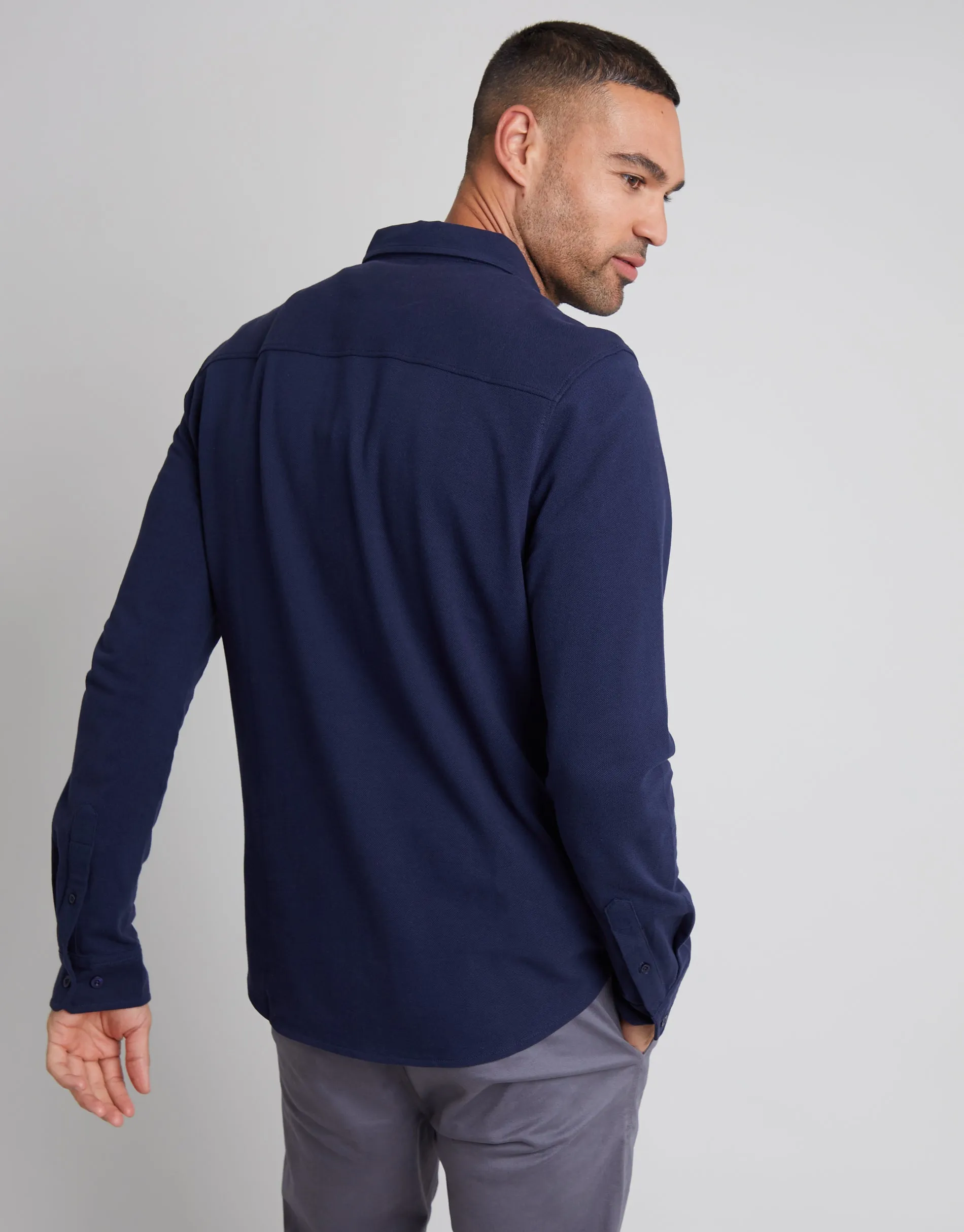 White & Navy Cotton Pique Jersey Long Sleeve Shirts (2 Pack) sold by Threadbare product image thumbnail 3
