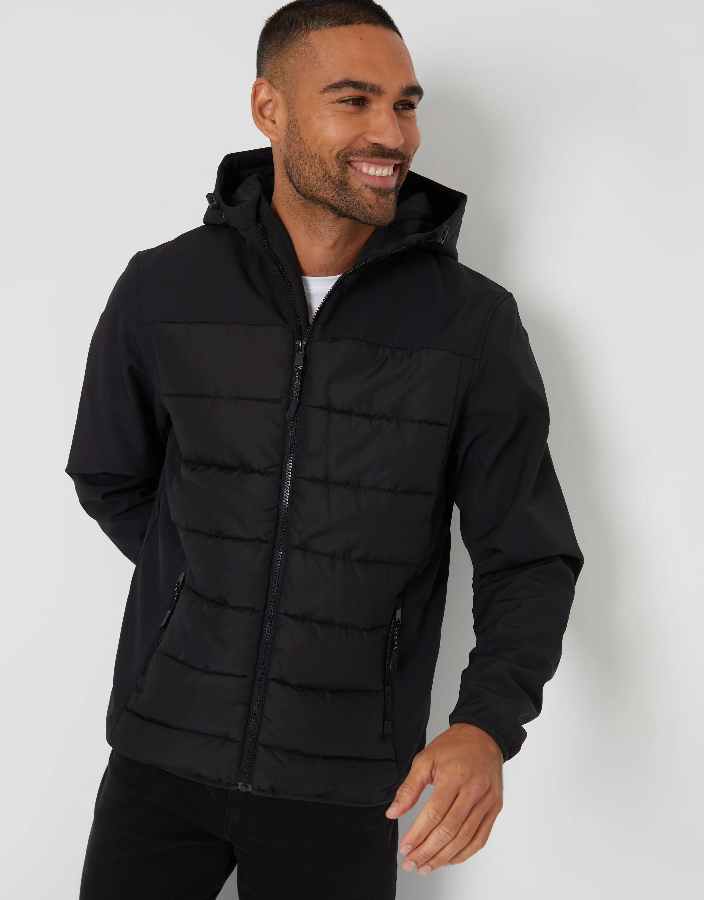 Men's Black Padded Chest Hooded Jacket sold by Threadbare