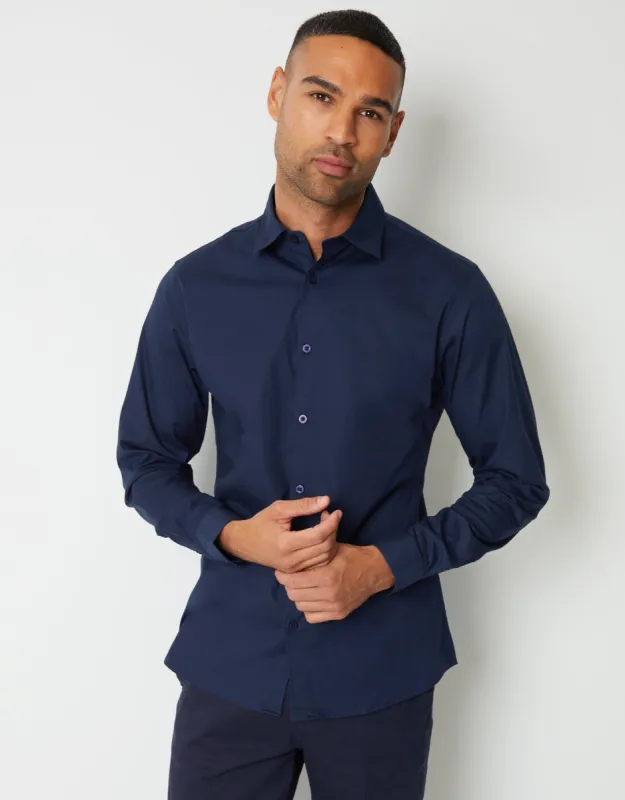 Threadbare Men's Navy Stretch Cotton Poplin Slim Fit Long Sleeve Shirt sold by Threadbare
