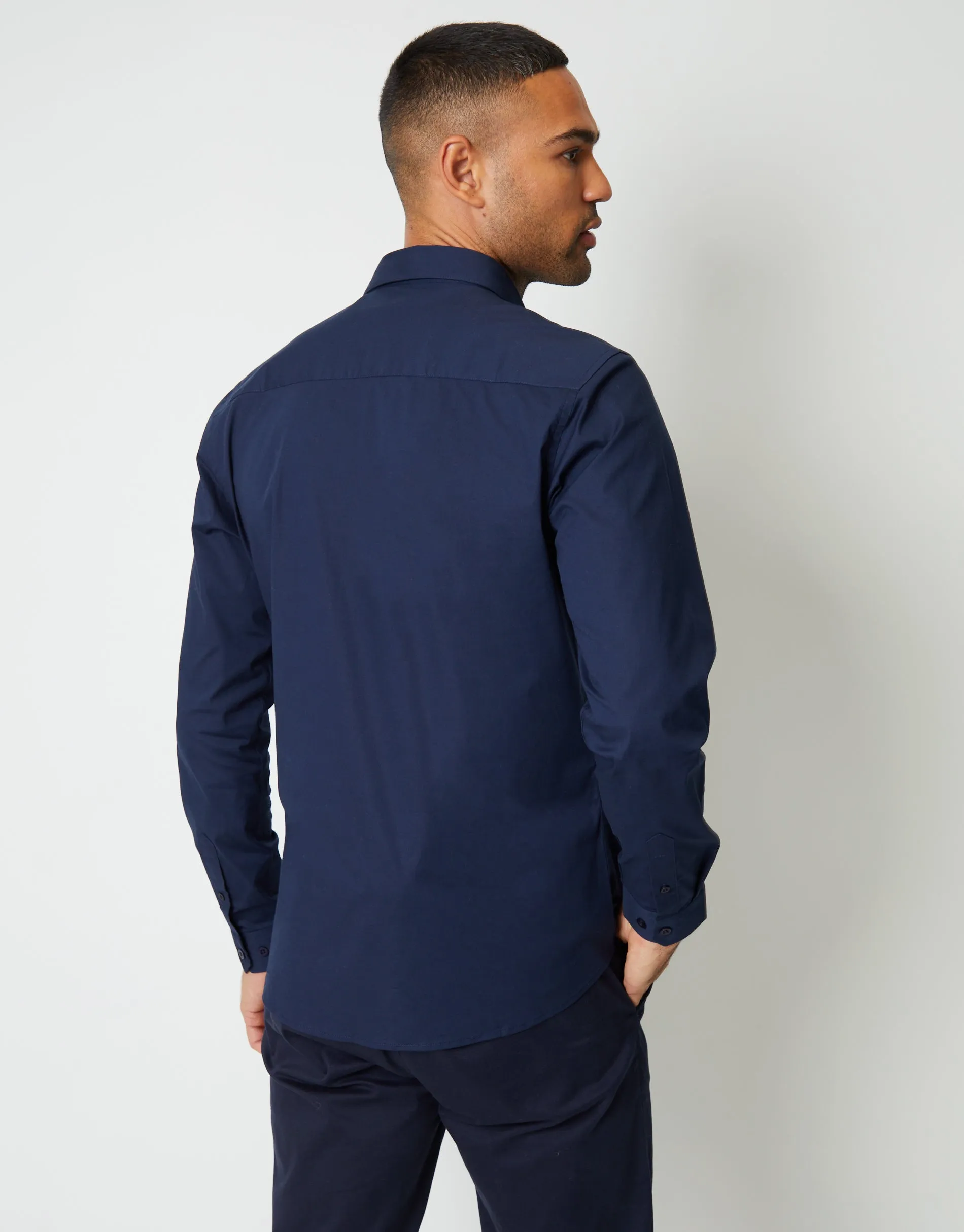 Threadbare Men's Navy Stretch Cotton Poplin Slim Fit Long Sleeve Shirt sold by Threadbare product image thumbnail 2