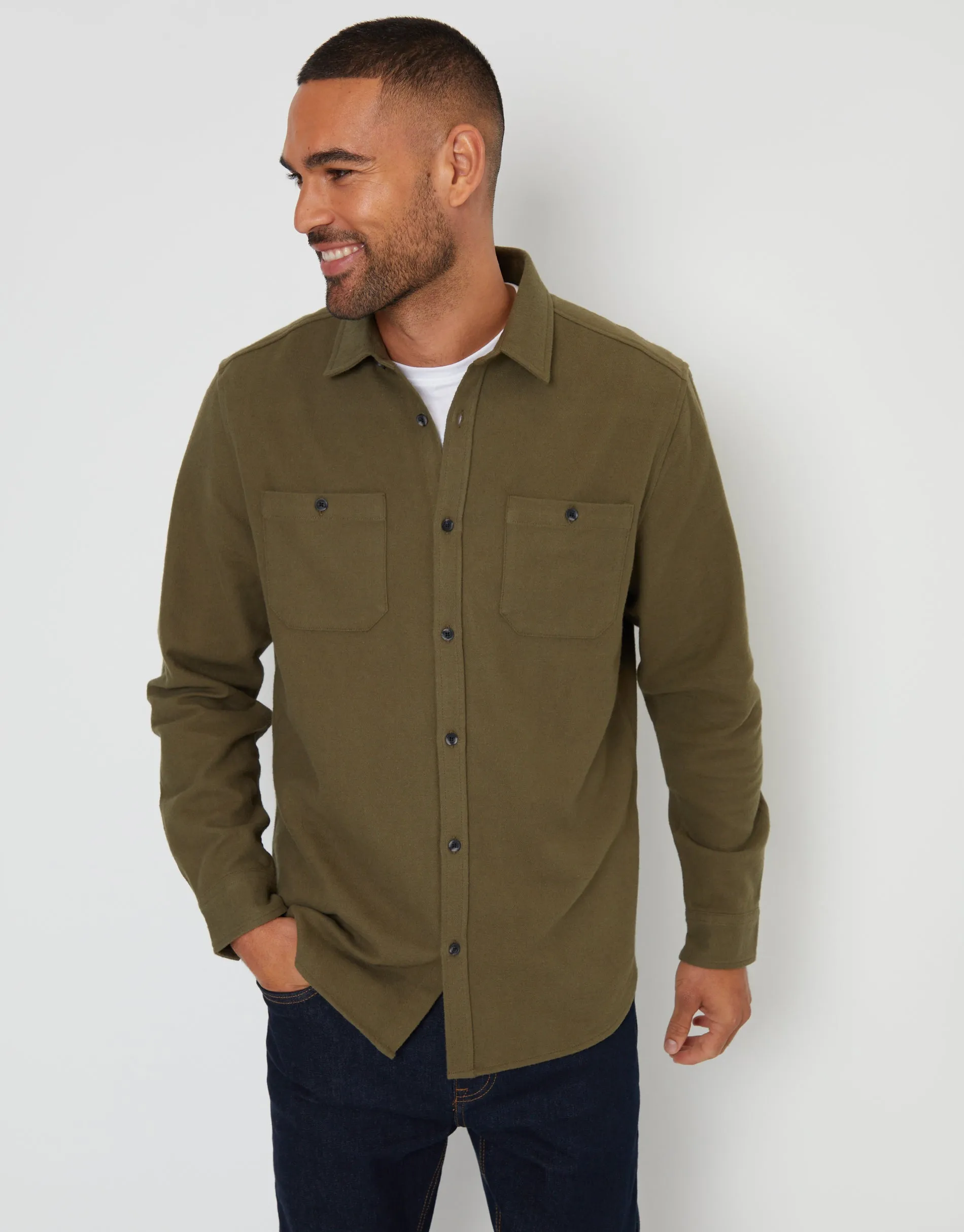 Threadbare Men's Khaki Green Brushed Flannel Cotton Long Sleeve Shirt sold by Threadbare
