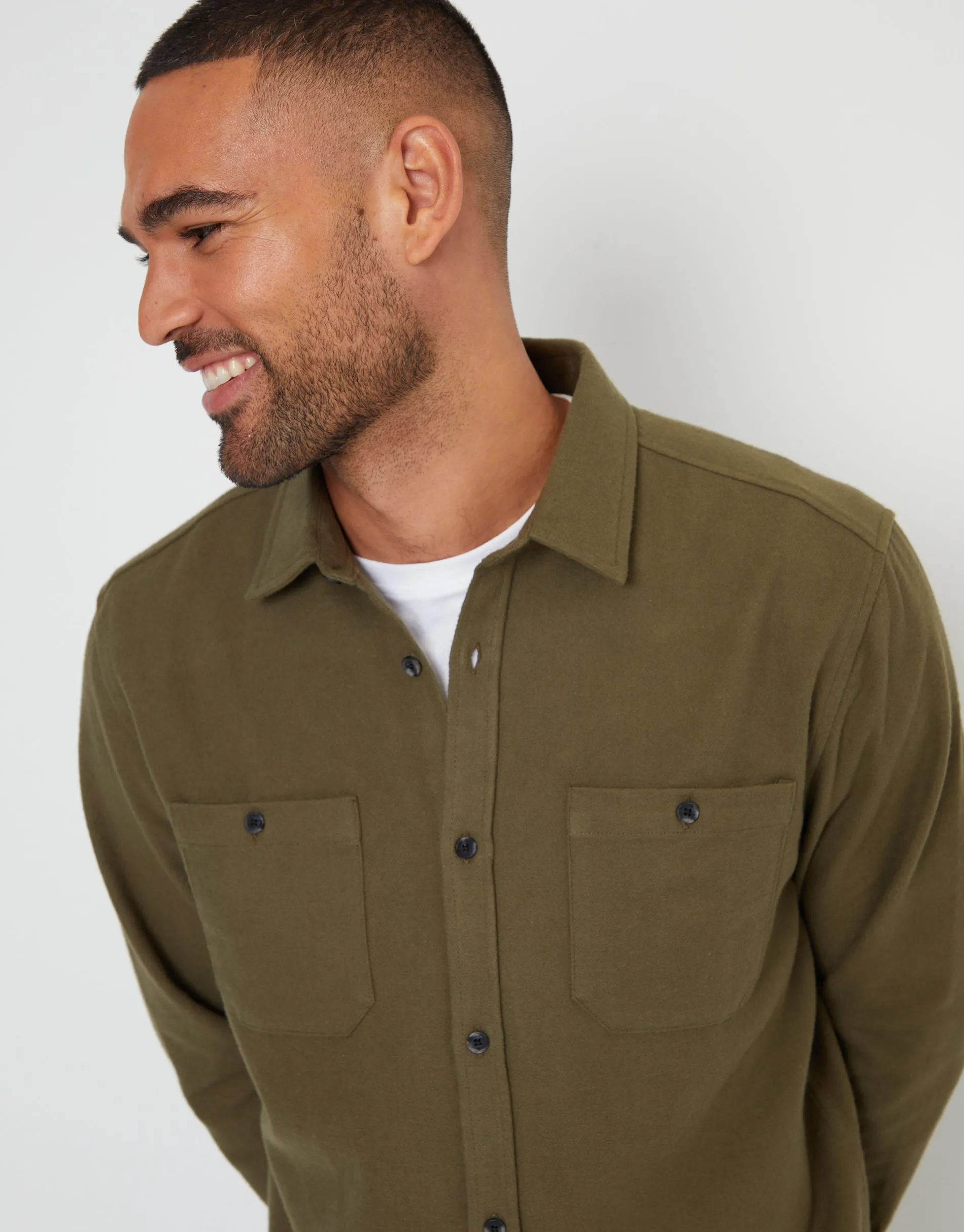 Threadbare Men's Khaki Green Brushed Flannel Cotton Long Sleeve Shirt sold by Threadbare product image thumbnail 4