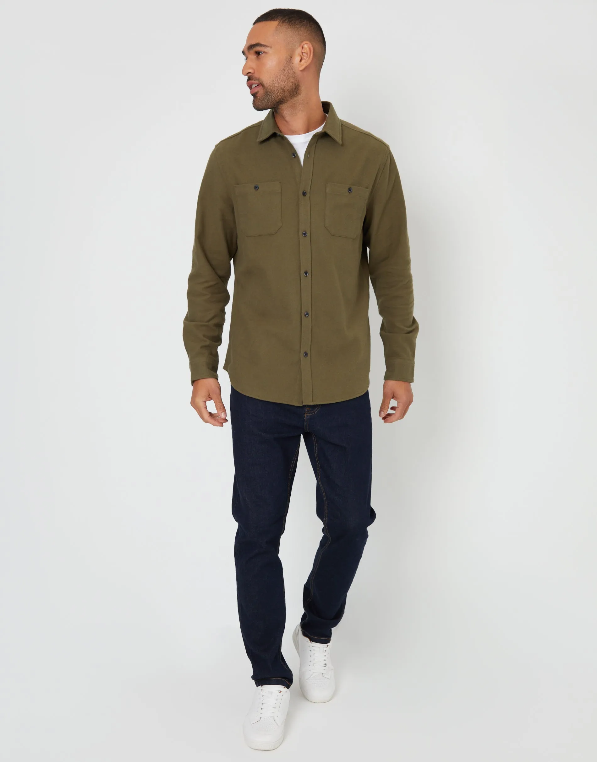Threadbare Men's Khaki Green Brushed Flannel Cotton Long Sleeve Shirt sold by Threadbare product image thumbnail 3