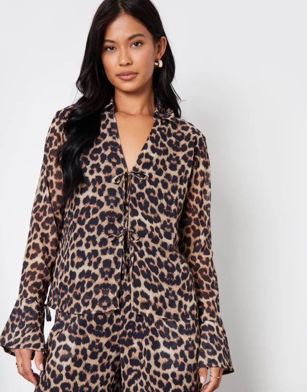 Women's Leopard Print Chiffon Tie Front Blouse sold by Threadbare