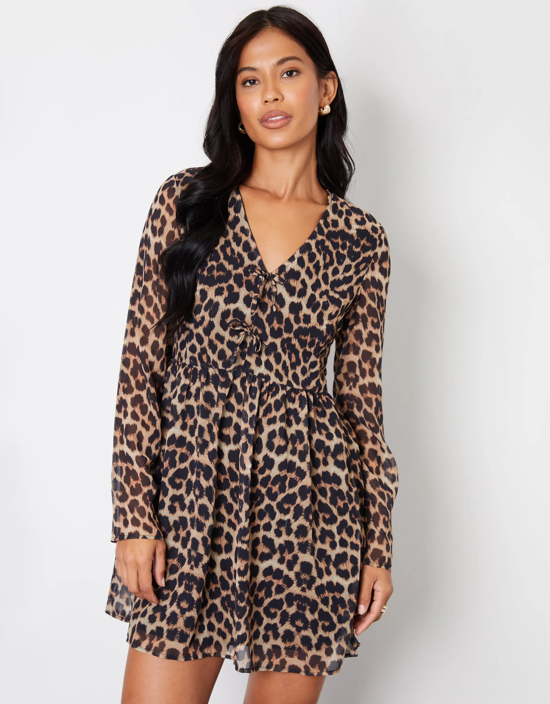 Women's Leopard Print Flared Chiffon Mini Dress sold by Threadbare