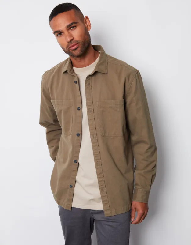 Men's Khaki Cotton Twill Button Up Shacket sold by Threadbare