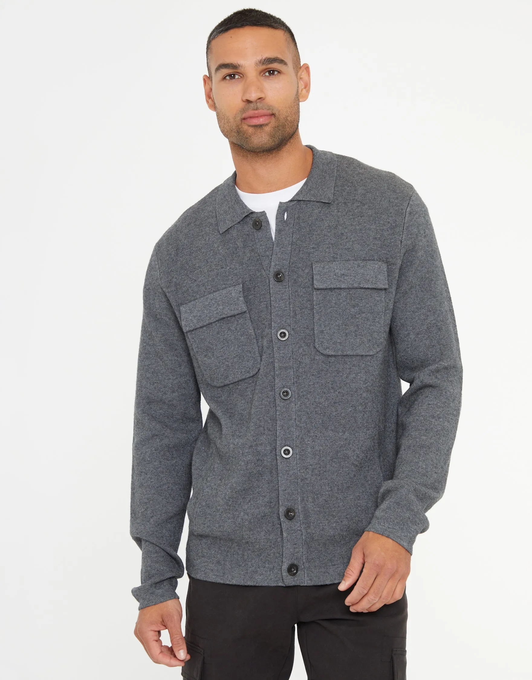 Threadbare Men's Charcoal Grey Marl Knitted Long Sleeve Shirt sold by Threadbare