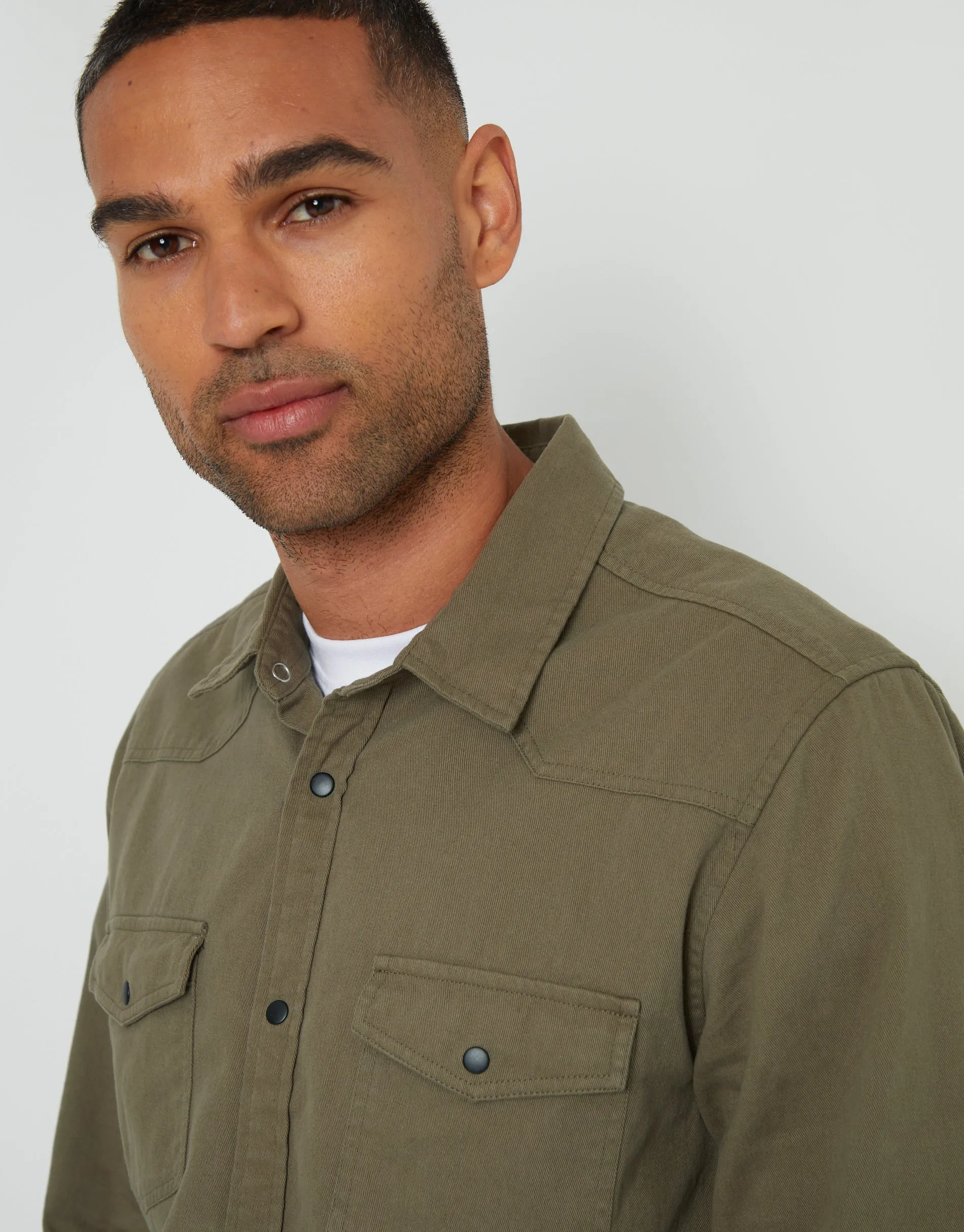 Men's Khaki Cotton Popper Closure Long Sleeve Shirt sold by Threadbare product image thumbnail 4