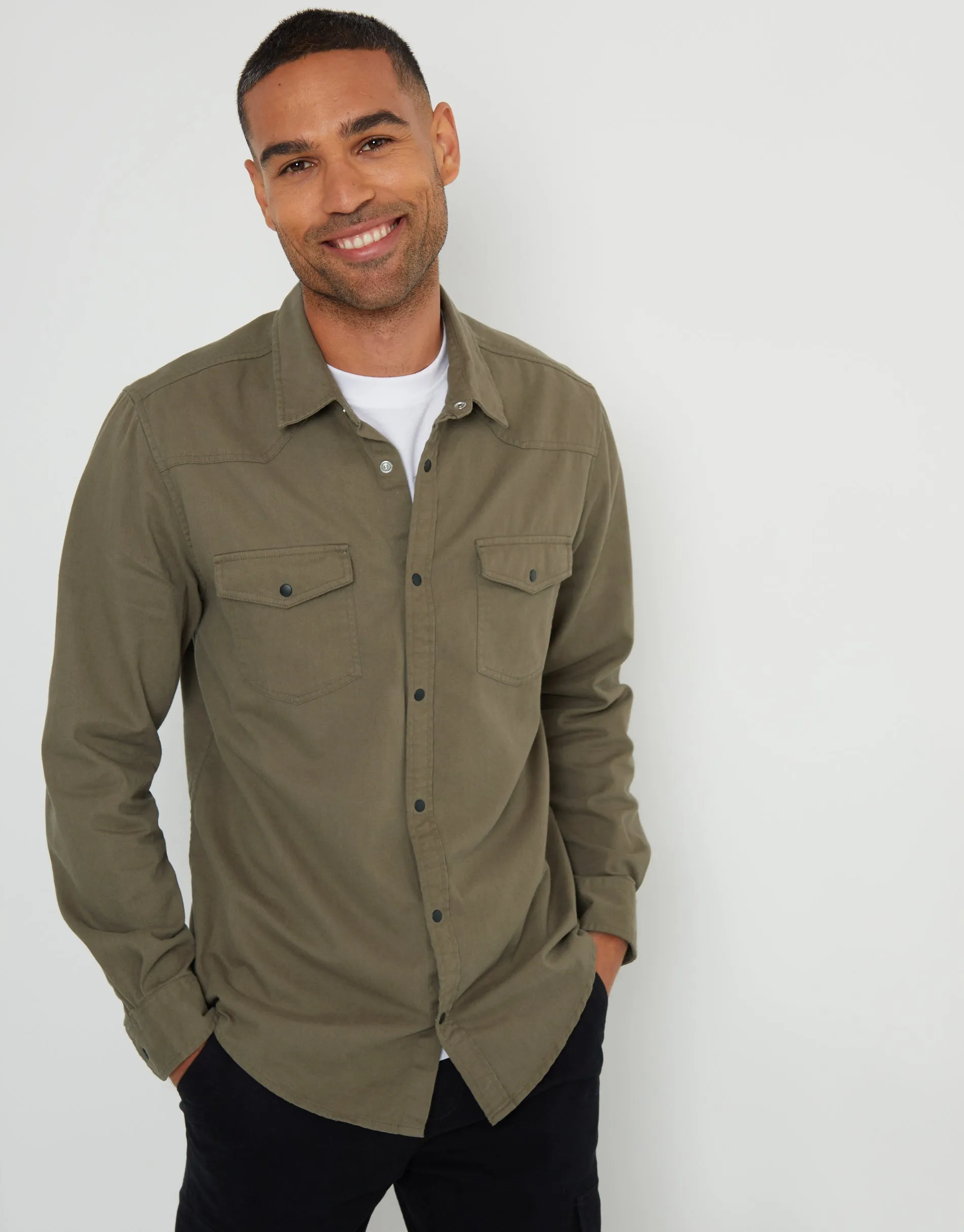 Men's Khaki Cotton Popper Closure Long Sleeve Shirt sold by Threadbare