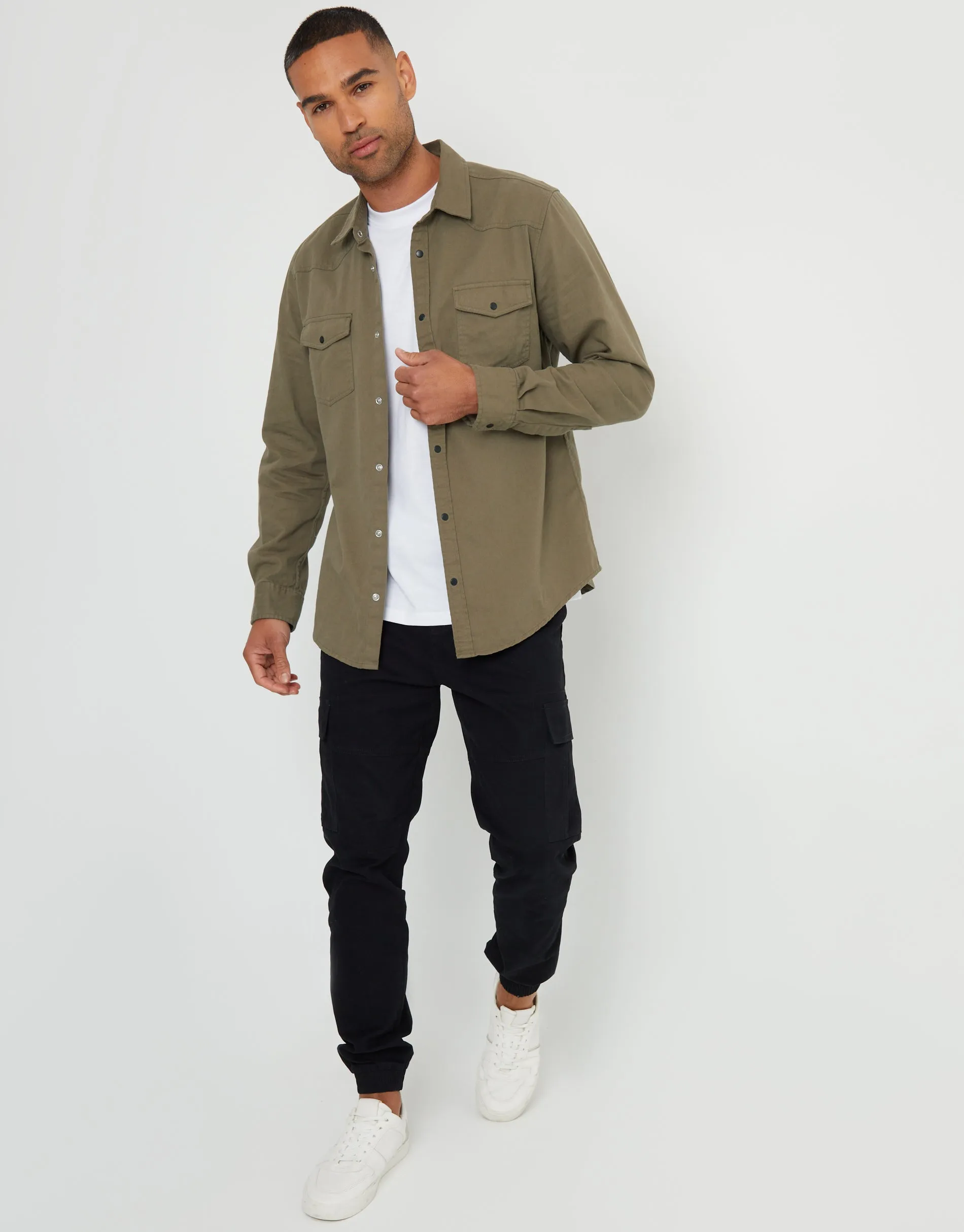 Men's Khaki Cotton Popper Closure Long Sleeve Shirt sold by Threadbare product image thumbnail 3