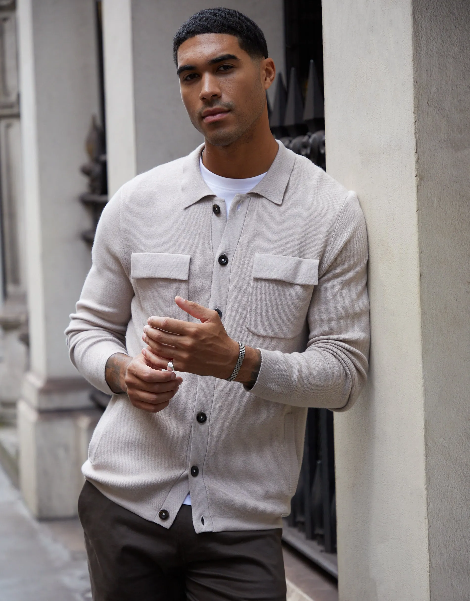 Men's Stone Knitted Long Sleeve Shirt sold by Threadbare