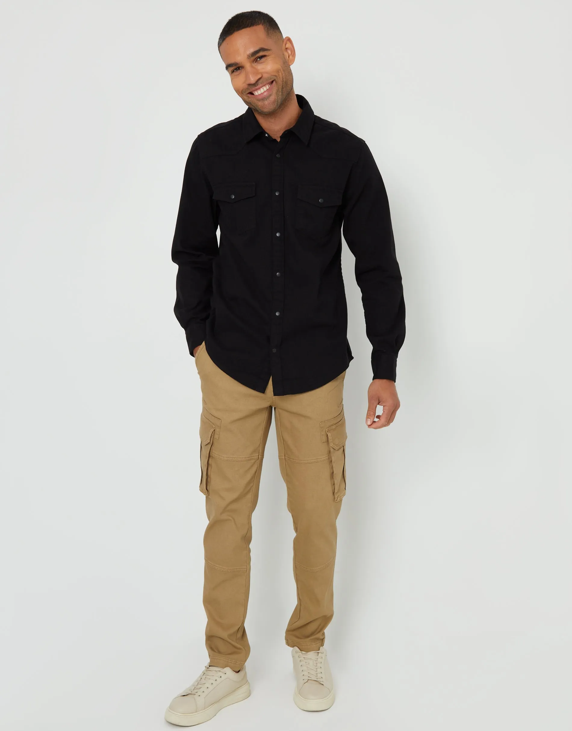 Men's Black Cotton Popper Closure Long Sleeve Shirt sold by Threadbare product image thumbnail 3