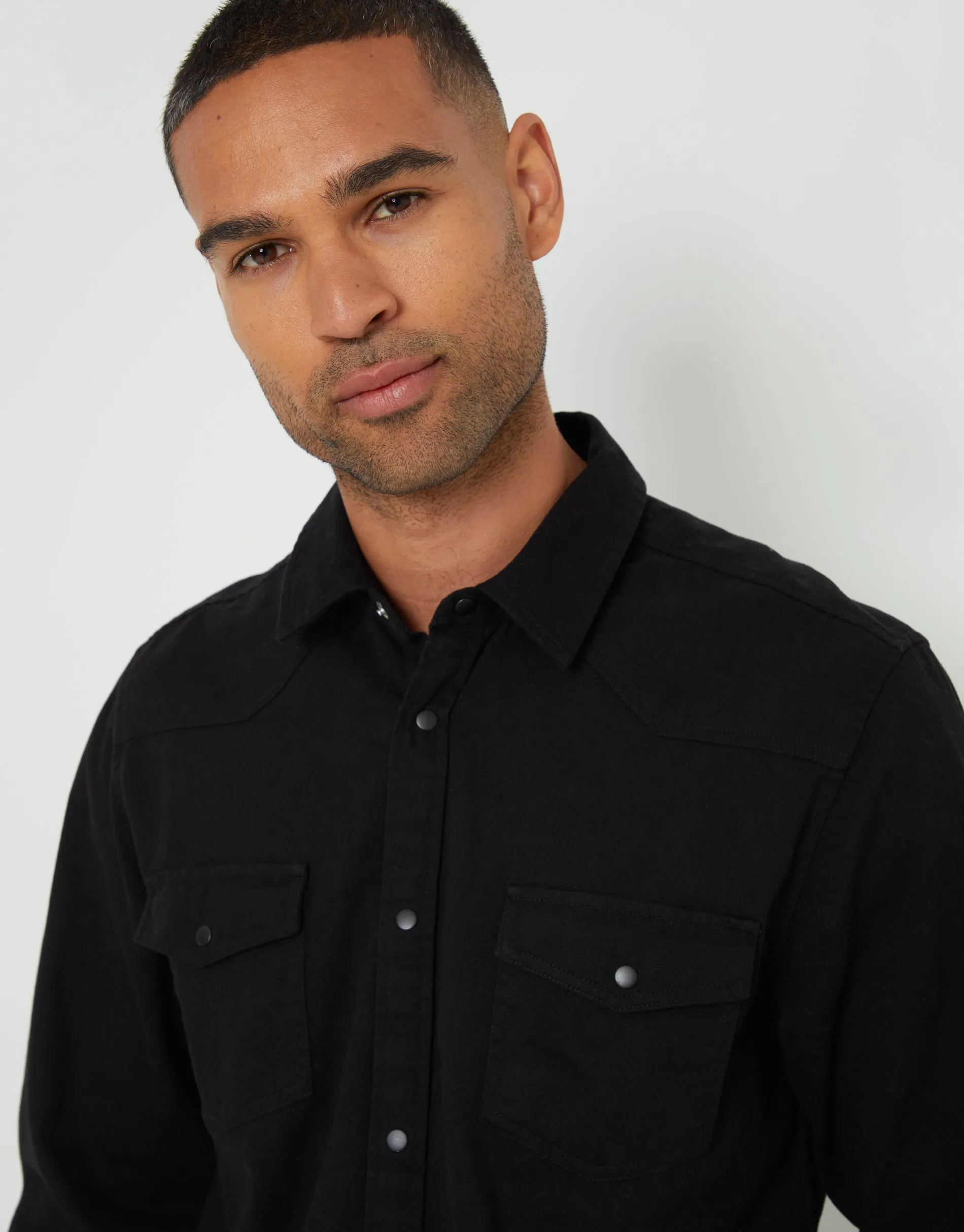 Men's Black Cotton Popper Closure Long Sleeve Shirt sold by Threadbare product image thumbnail 4