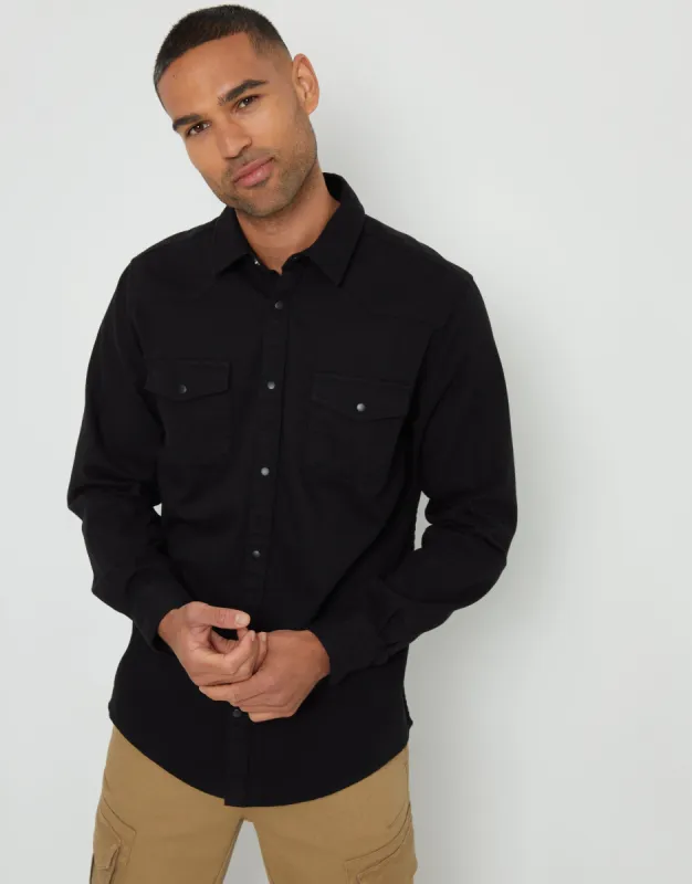 Men's Black Cotton Popper Closure Long Sleeve Shirt sold by Threadbare