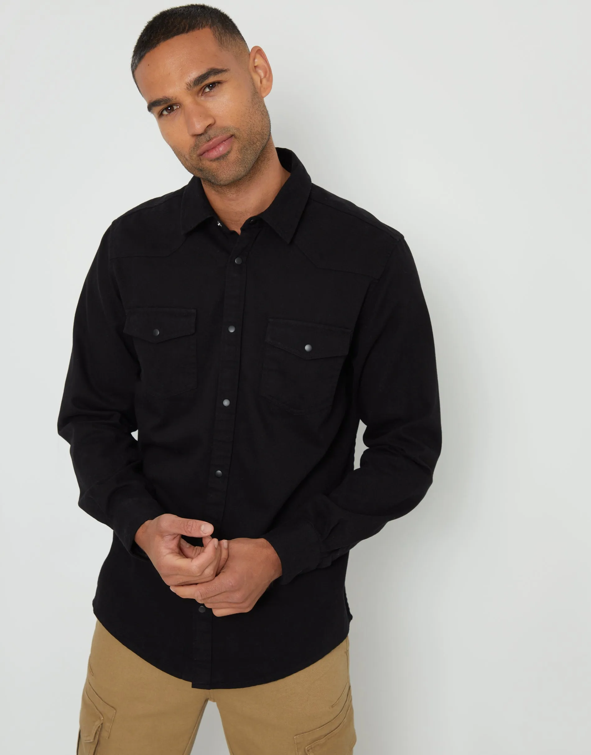 Men's Black Cotton Popper Closure Long Sleeve Shirt sold by Threadbare
