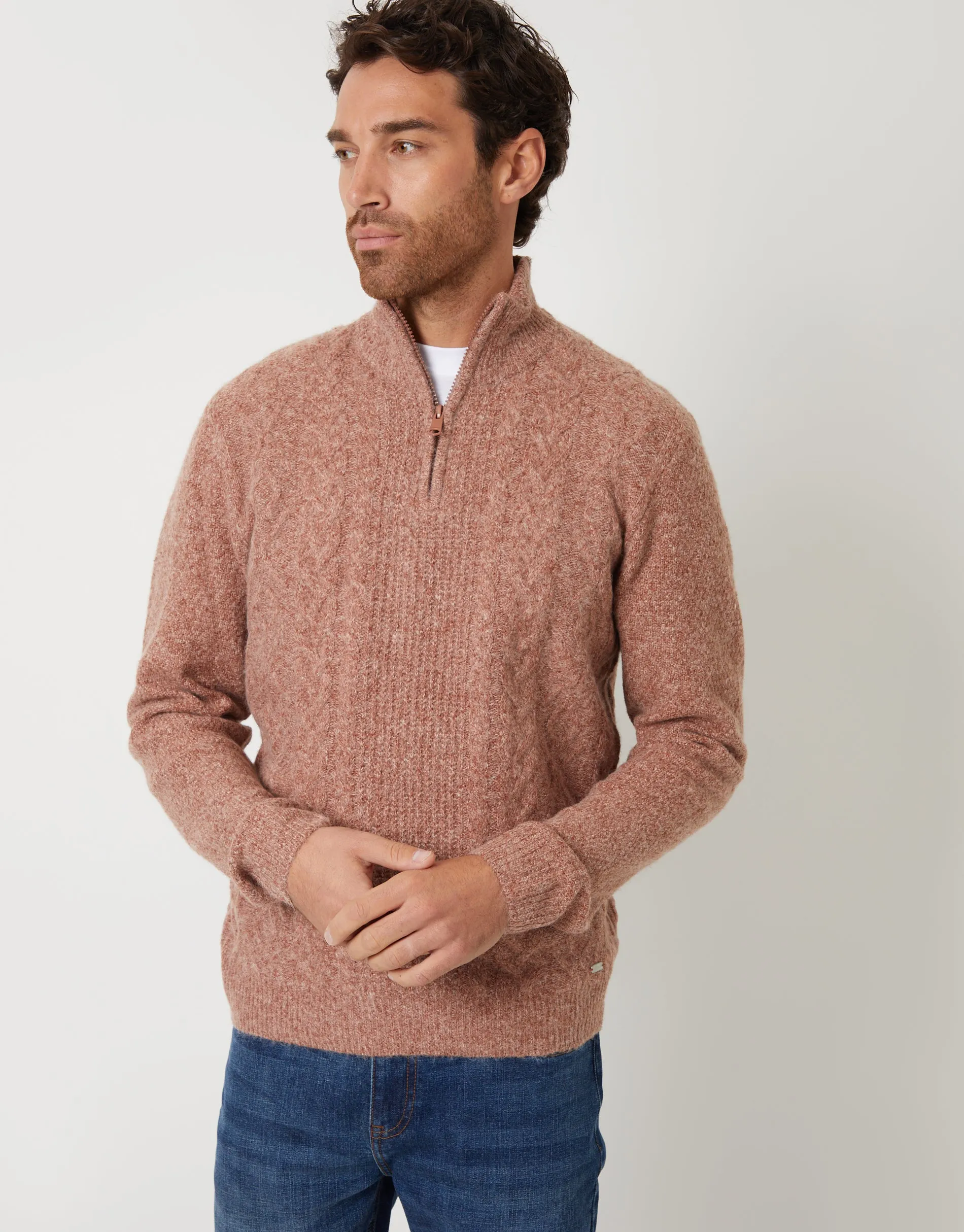 Threadbare Men's Brown Cable Knit Detail Quarter Zip Jumper sold by Threadbare
