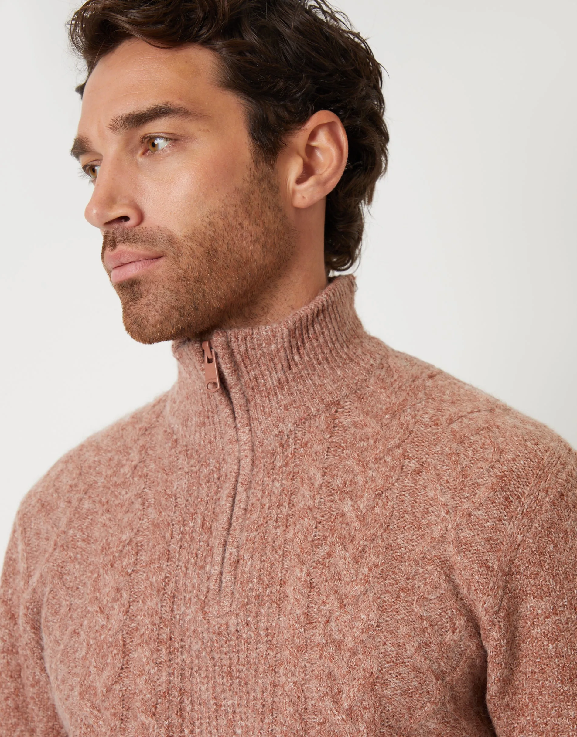 Threadbare Men's Brown Cable Knit Detail Quarter Zip Jumper sold by Threadbare product image thumbnail 4