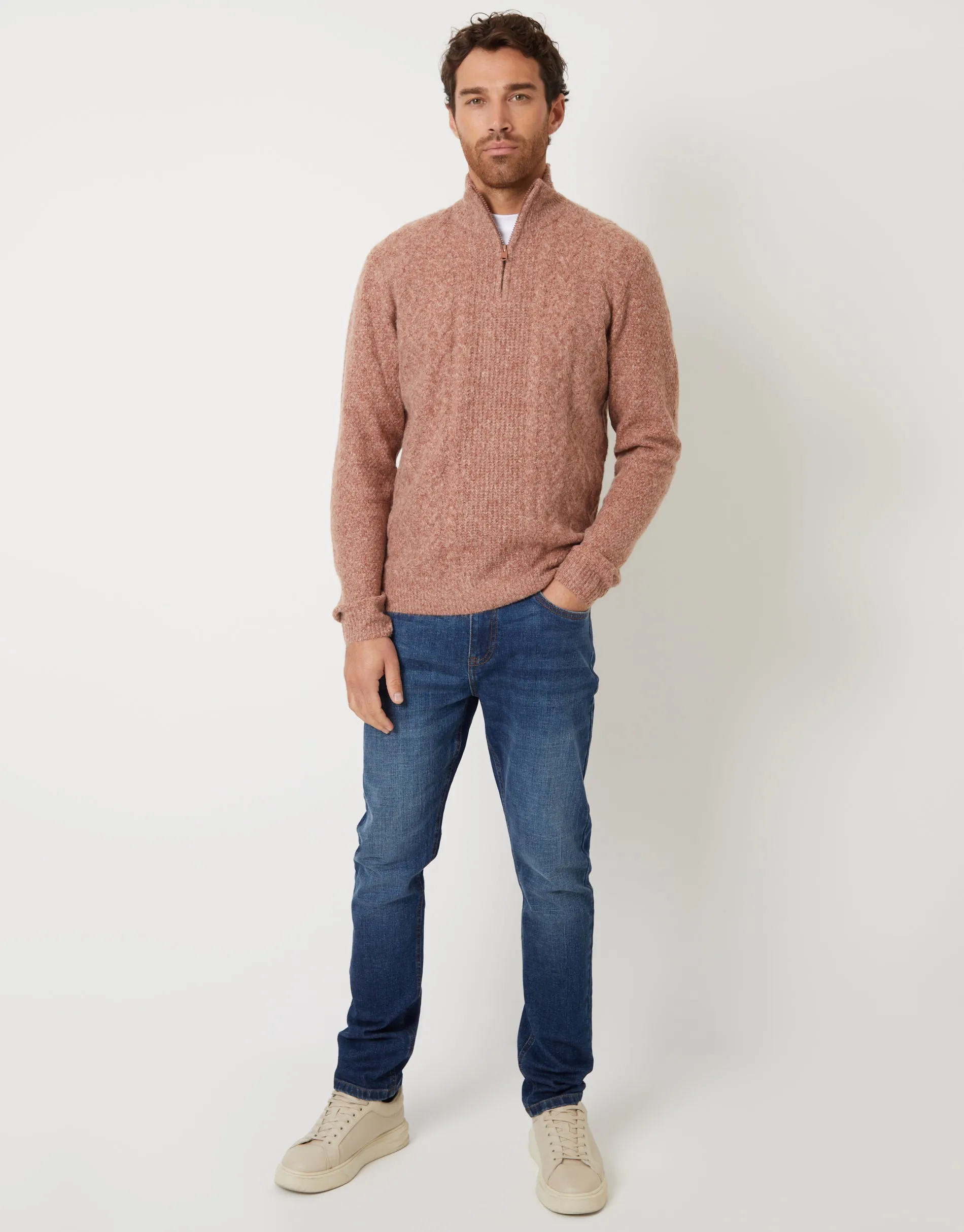 Threadbare Men's Brown Cable Knit Detail Quarter Zip Jumper sold by Threadbare product image thumbnail 3