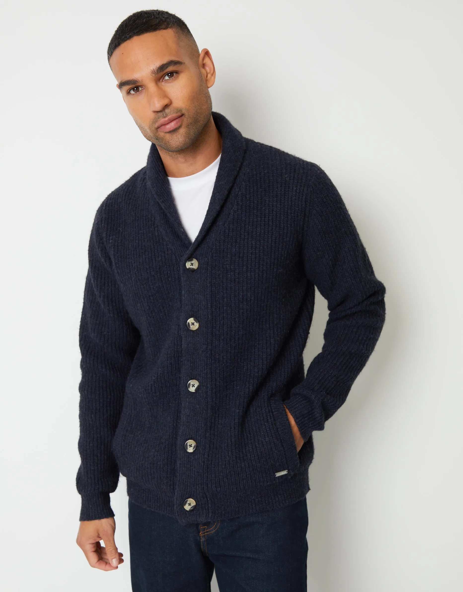 Navy Marl Shawl Cardigan sold by Threadbare