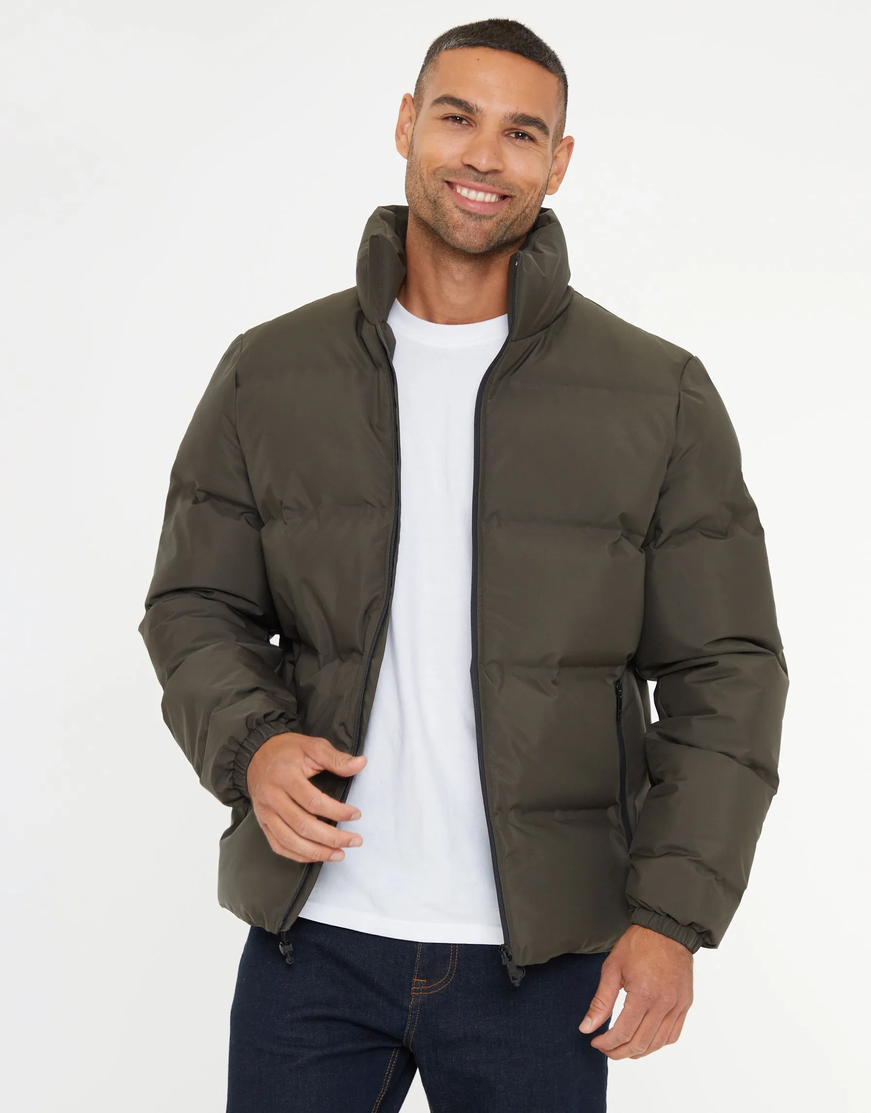 Men's Khaki Funnel Neck Puffer Jacket sold by Threadbare