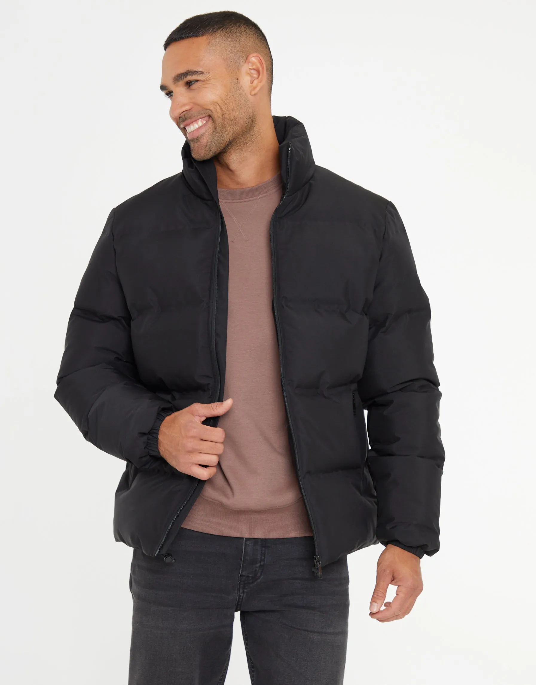 Funnel Neck Puffer Jacket in Black sold by Threadbare