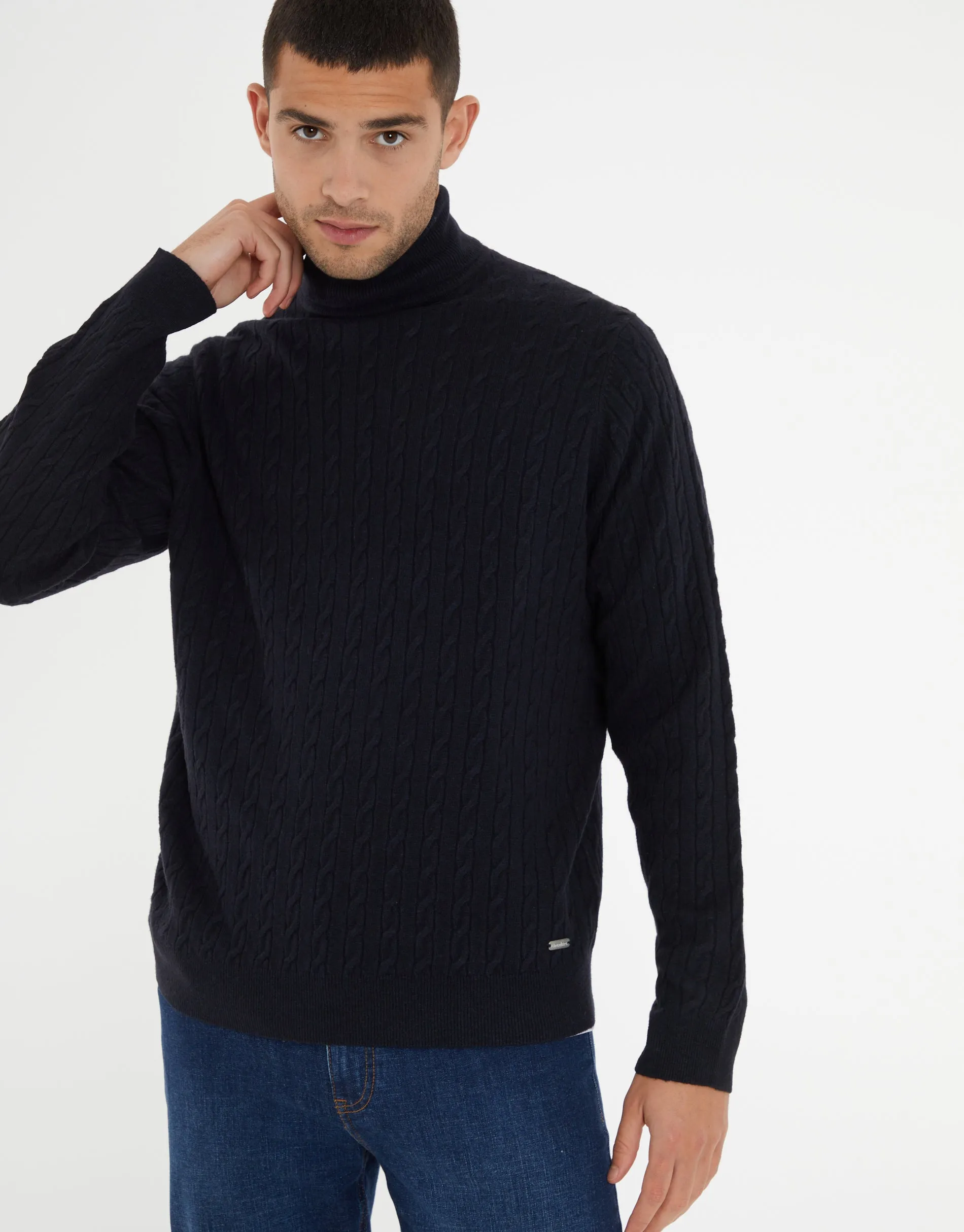 Threadbare Men's Navy Cable Knit Roll Neck Jumper sold by Threadbare