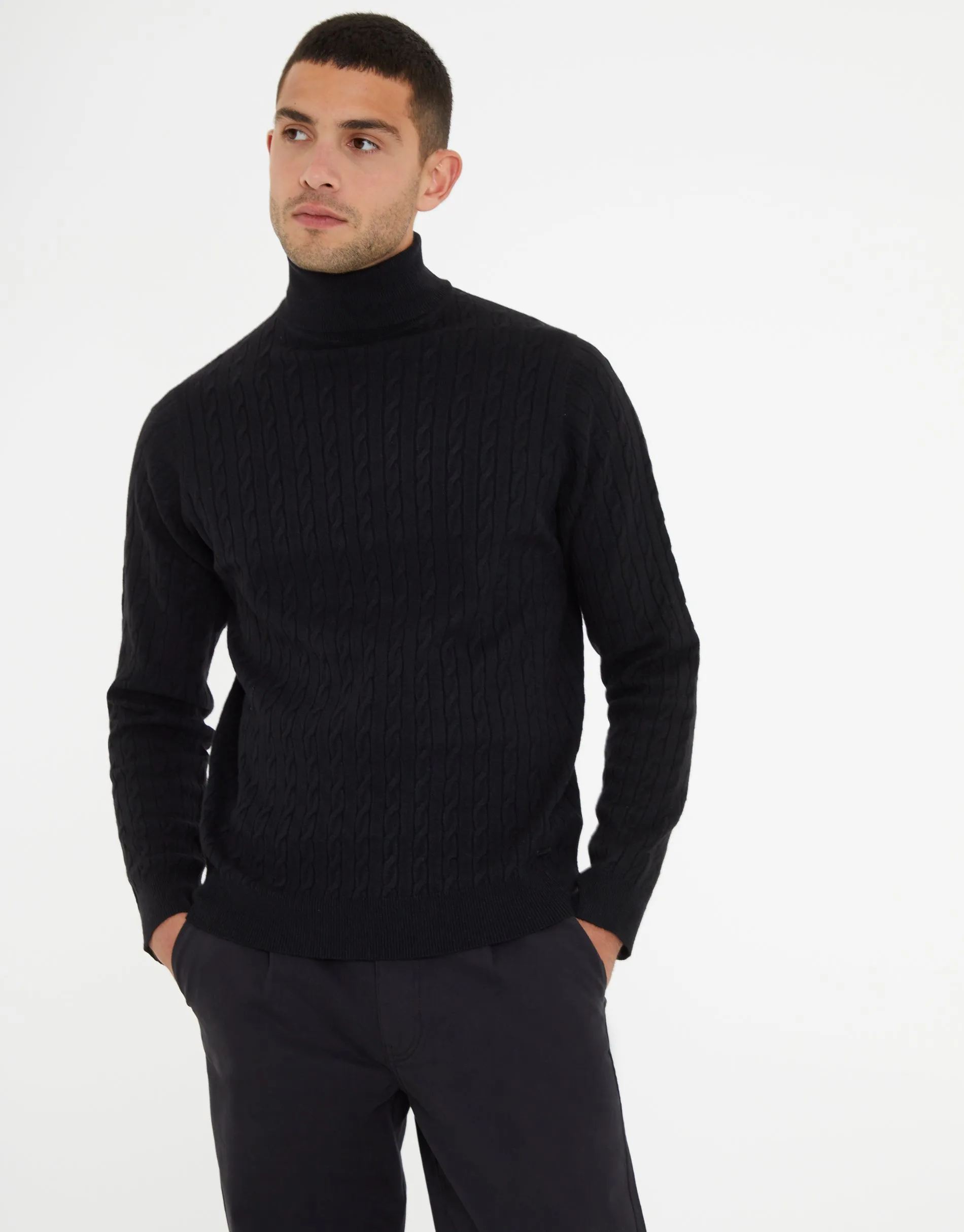 Black Cable Knit Roll Neck Jumper sold by Threadbare