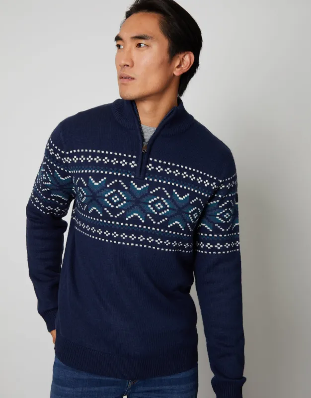 Threadbare Men's Navy Fairisle Knitted Quarter Zip Jumper sold by Threadbare