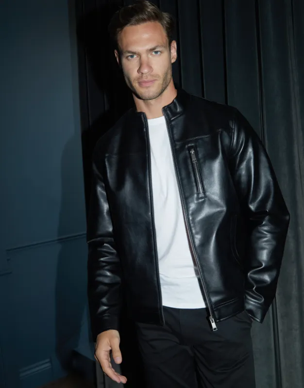 Men's Black Faux Leather Biker Jacket sold by Threadbare