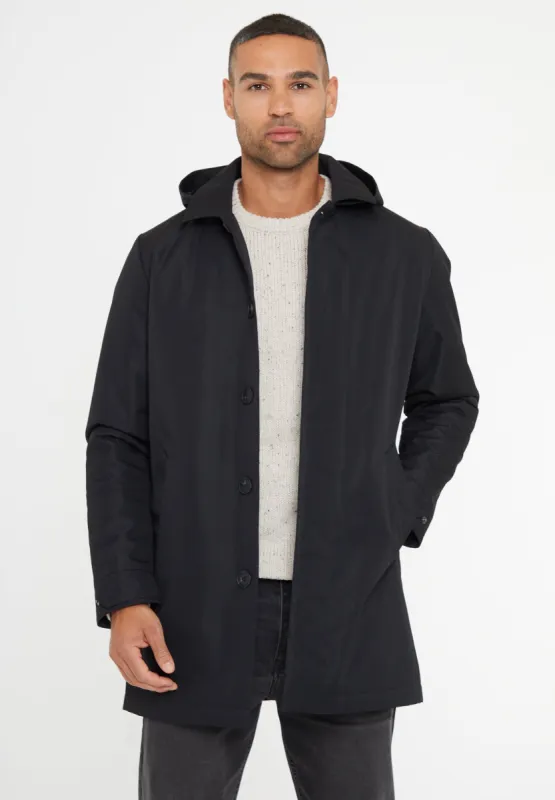Black Showerproof 2-in-1 Mac with Concealed Hood sold by Threadbare
