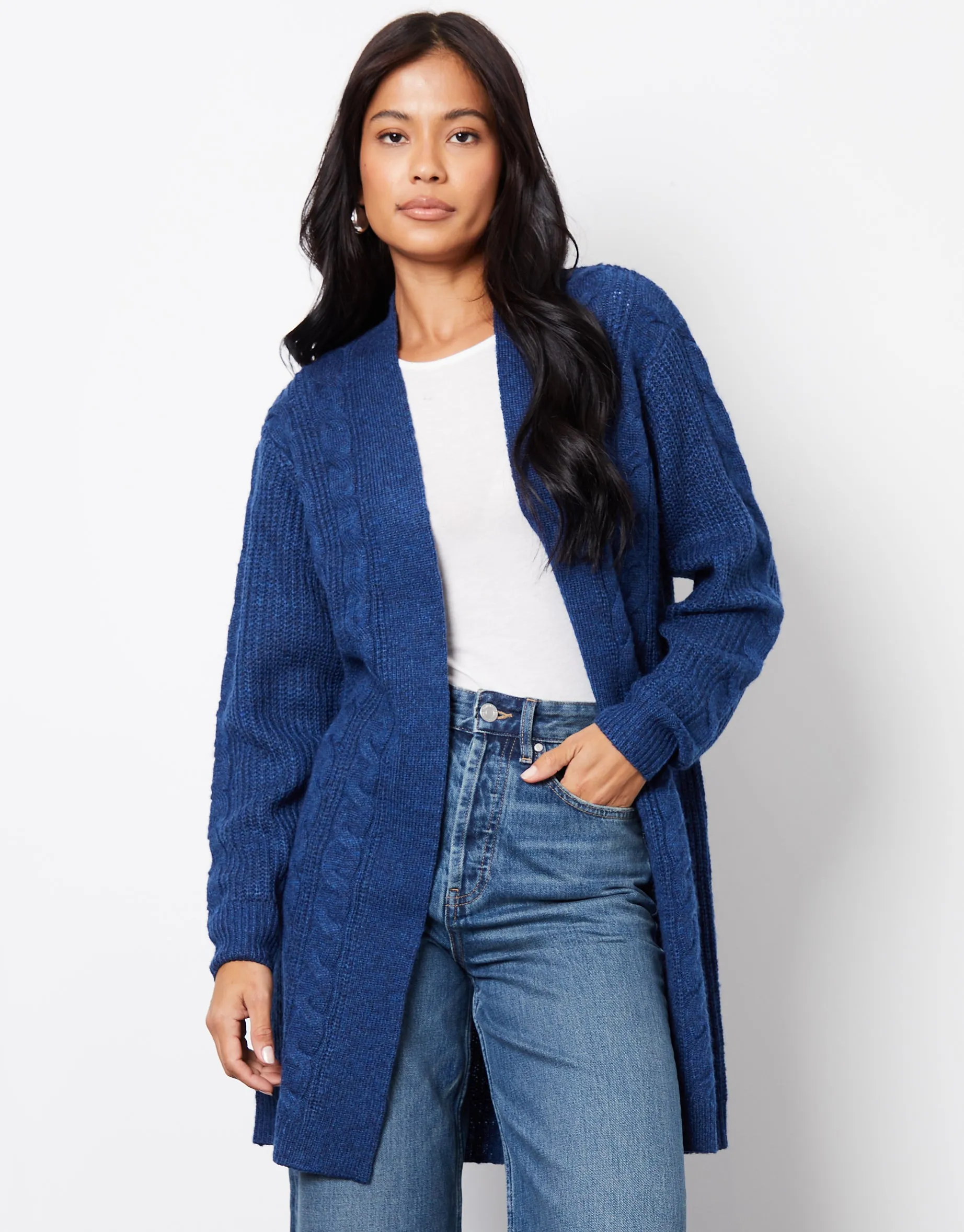 Cable Knit Cardigan in Navy sold by Threadbare