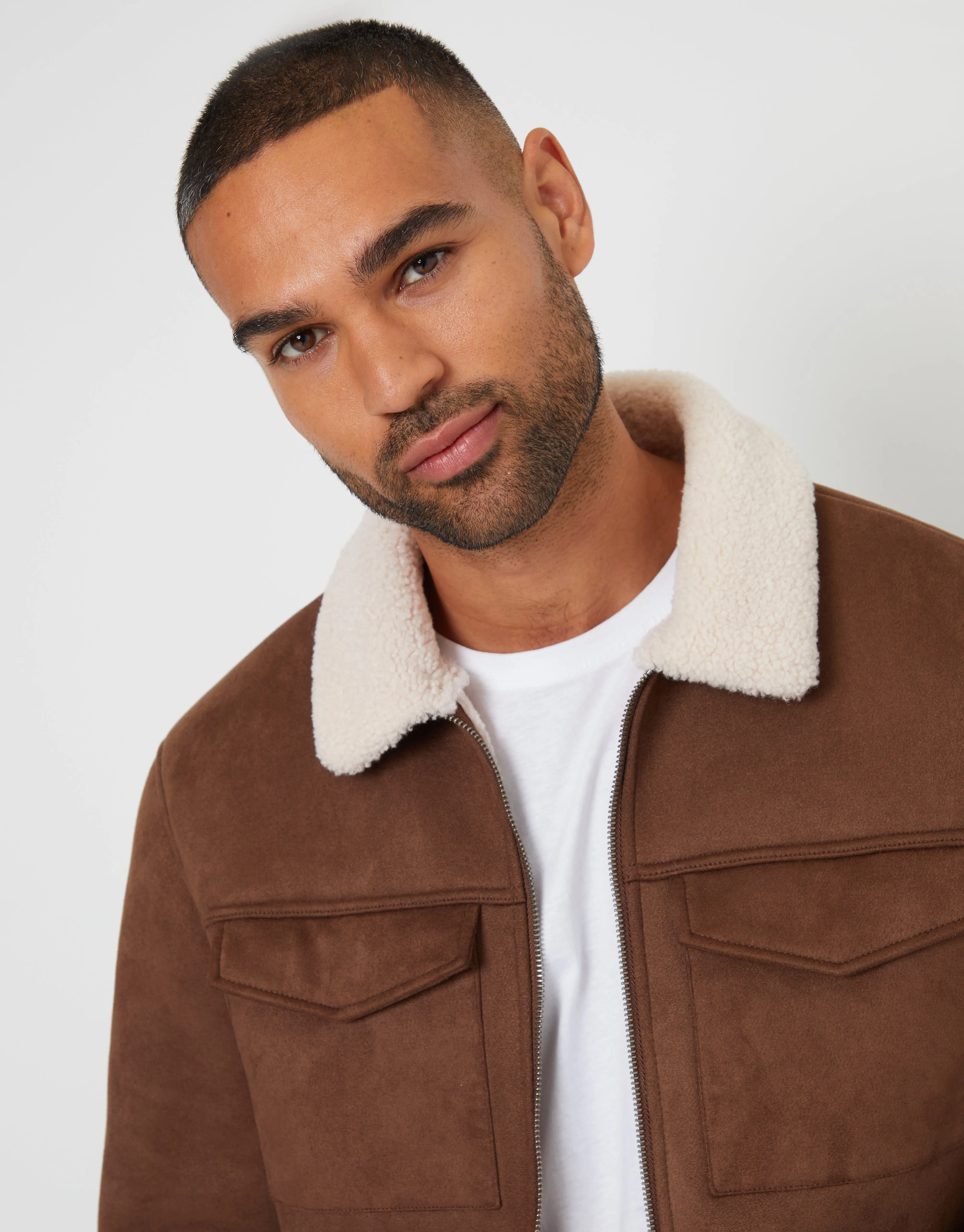 Taupe Faux Suede Borg Lined Aviator Jacket sold by Threadbare product image thumbnail 4