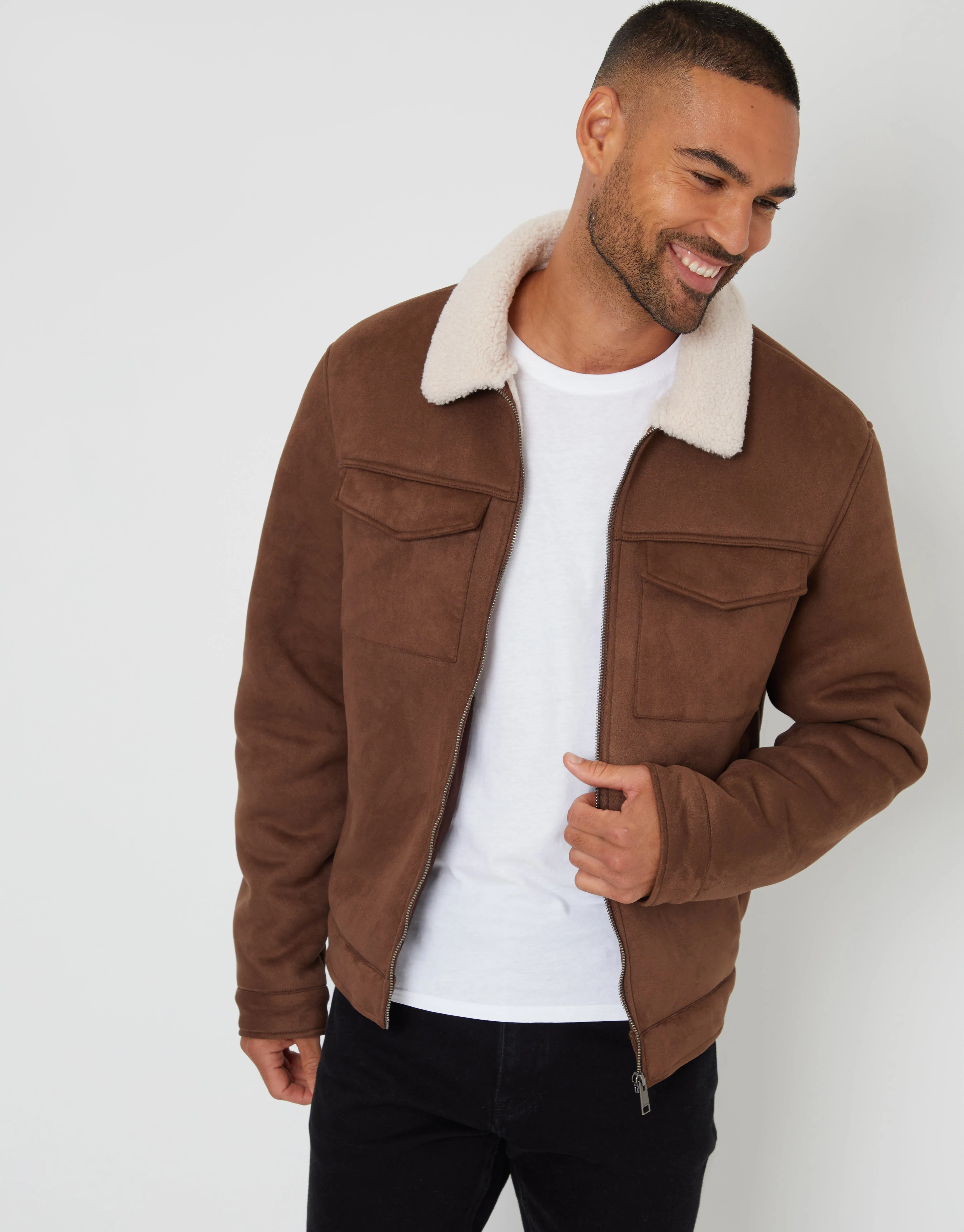 Taupe Faux Suede Borg Lined Aviator Jacket sold by Threadbare