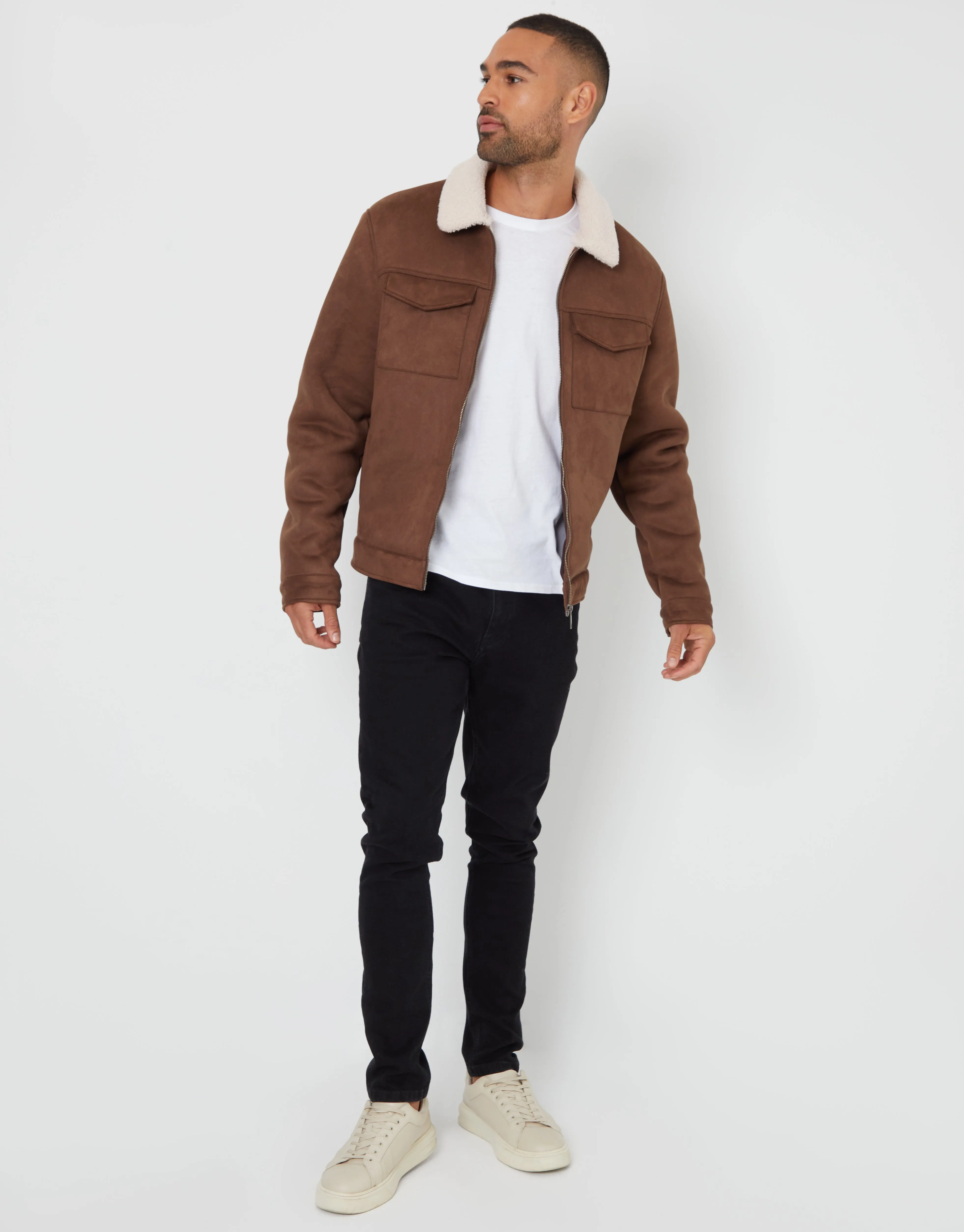 Taupe Faux Suede Borg Lined Aviator Jacket sold by Threadbare product image thumbnail 3