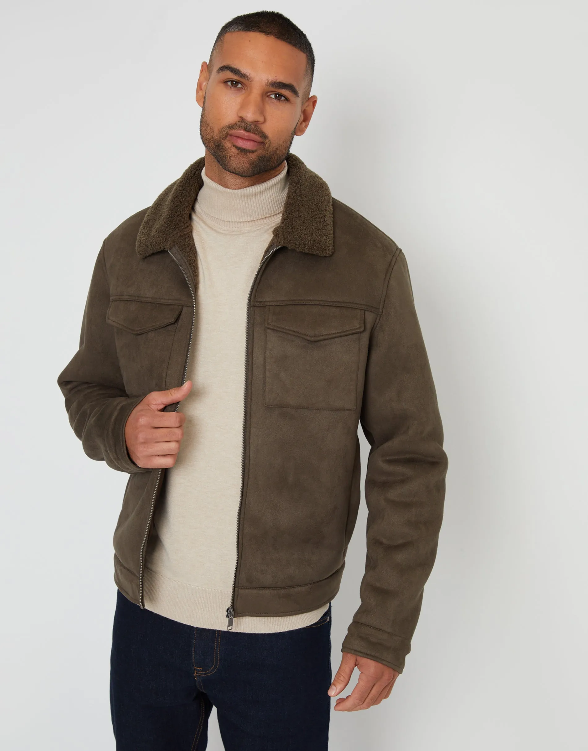 Khaki Green Faux Suede Borg Lined Aviator Jacket sold by Threadbare