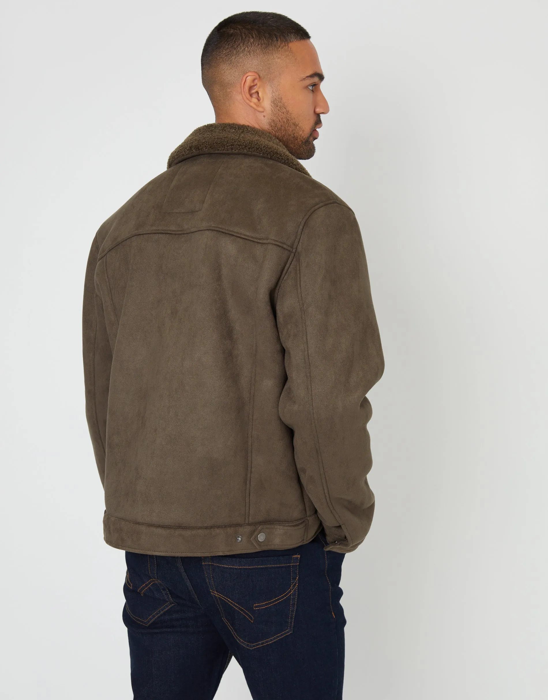 Khaki Green Faux Suede Borg Lined Aviator Jacket sold by Threadbare product image thumbnail 2