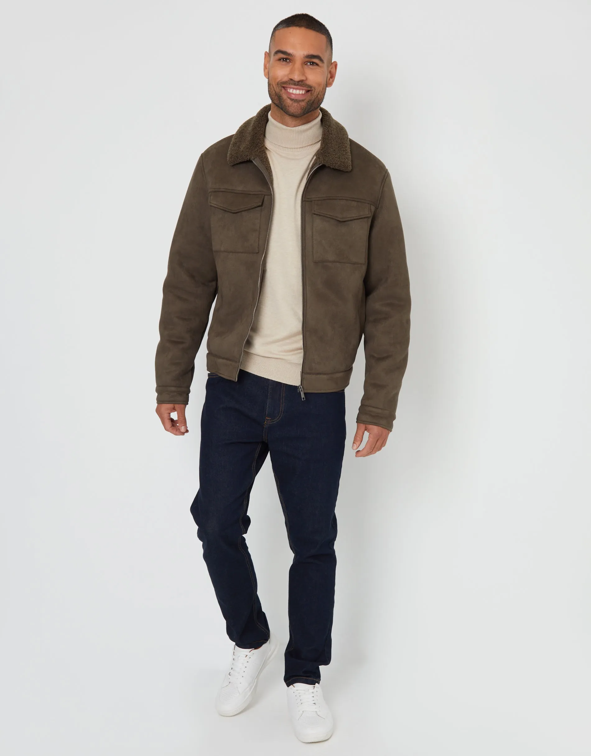 Khaki Green Faux Suede Borg Lined Aviator Jacket sold by Threadbare product image thumbnail 3