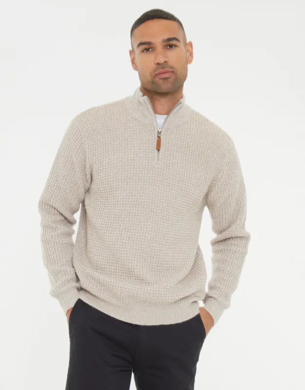 Men's Beige Waffle Knit Quarter Zip Jumper sold by Threadbare