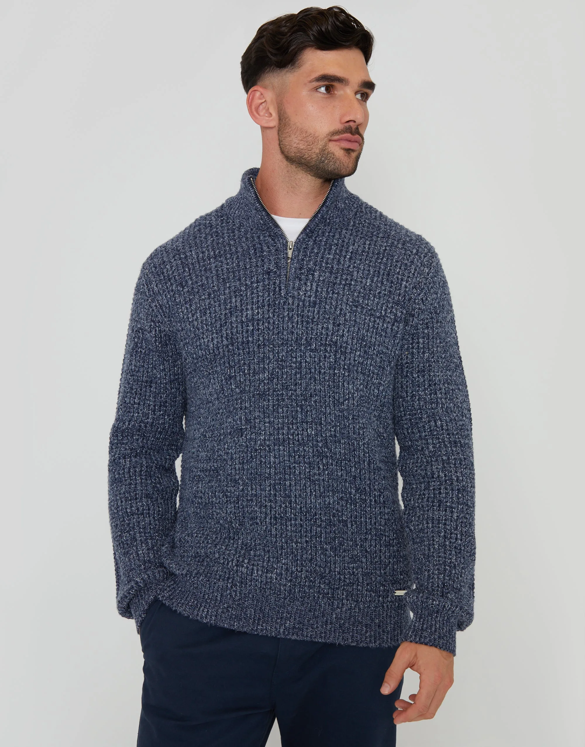 Threadbare Men's Denim Blue Waffle Knit Quarter Zip Jumper sold by Threadbare