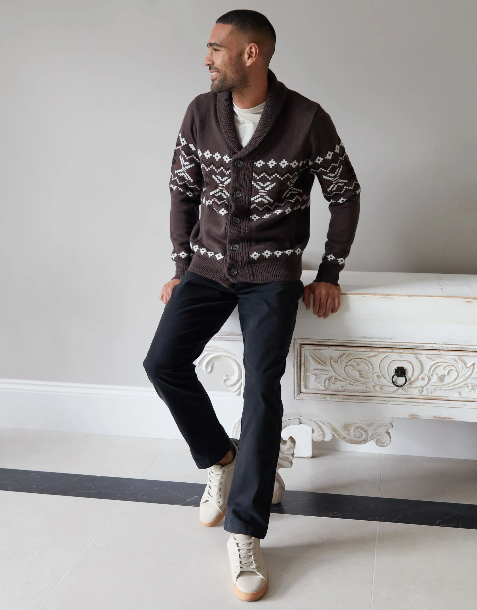 Threadbare Men's Brown Fairisle Shawl Neck Knitted Cardigan sold by Threadbare product image thumbnail 3
