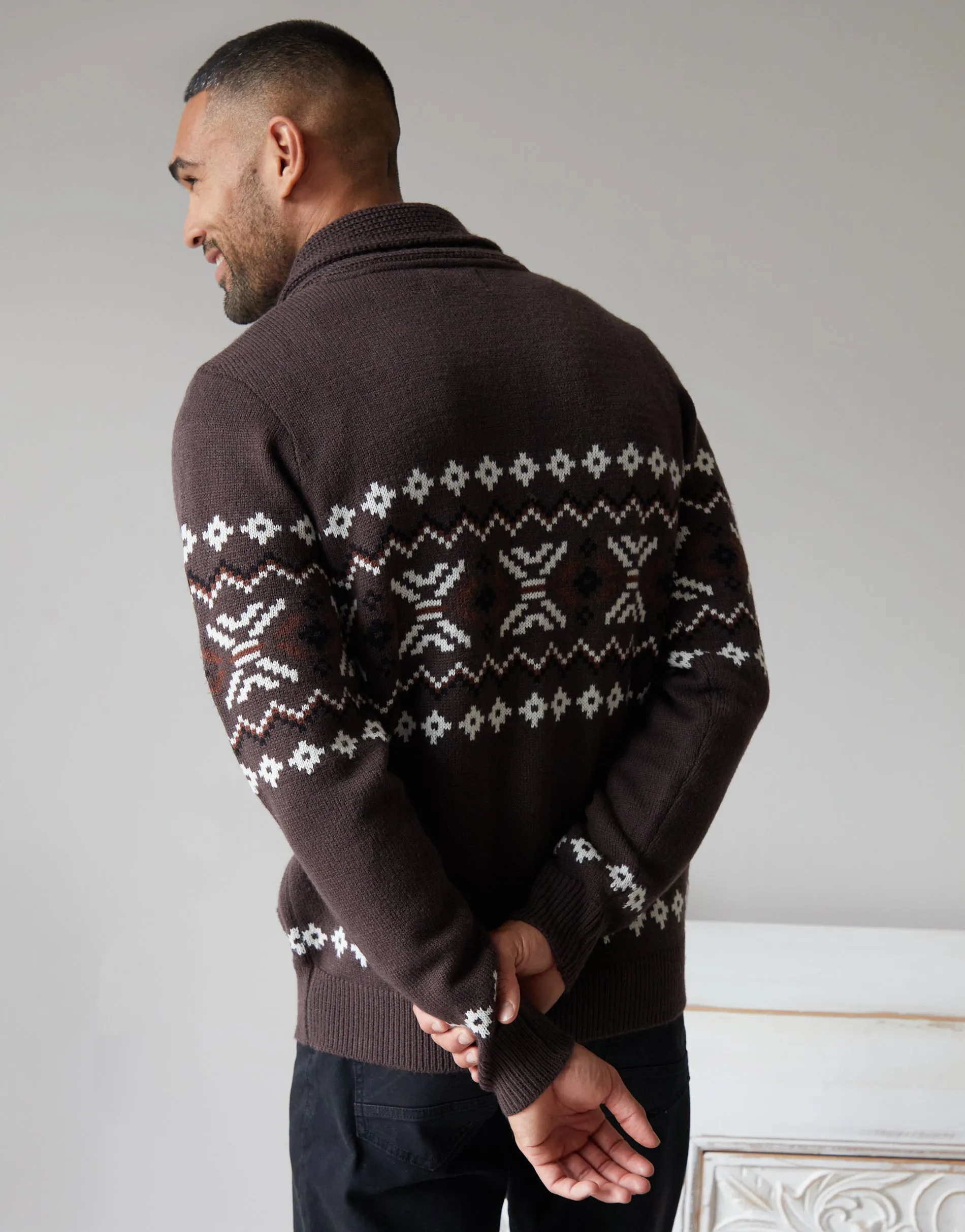 Threadbare Men's Brown Fairisle Shawl Neck Knitted Cardigan sold by Threadbare product image thumbnail 2