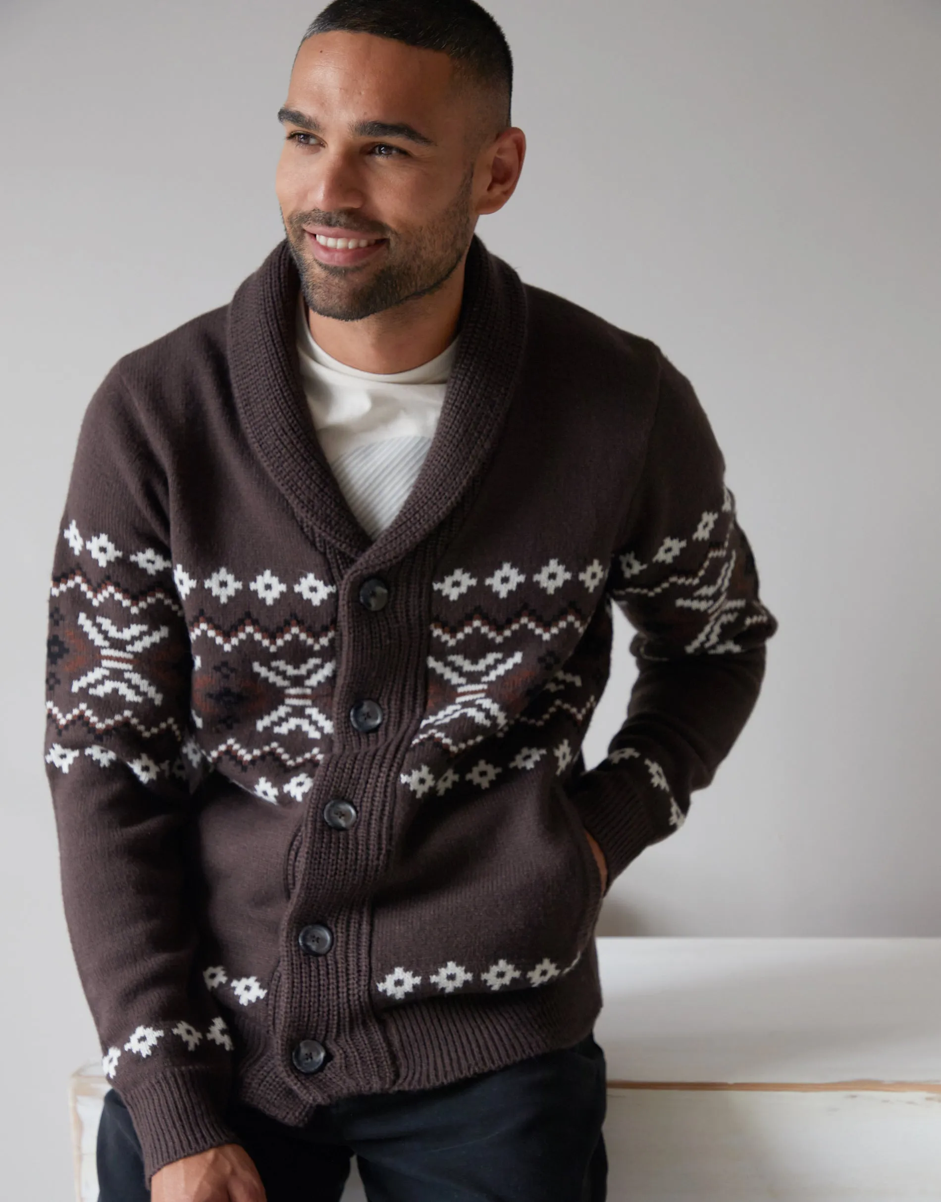 Threadbare Men's Brown Fairisle Shawl Neck Knitted Cardigan sold by Threadbare