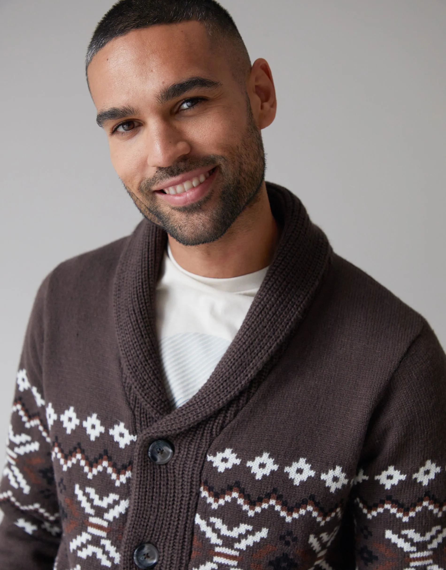 Threadbare Men's Brown Fairisle Shawl Neck Knitted Cardigan sold by Threadbare product image thumbnail 4