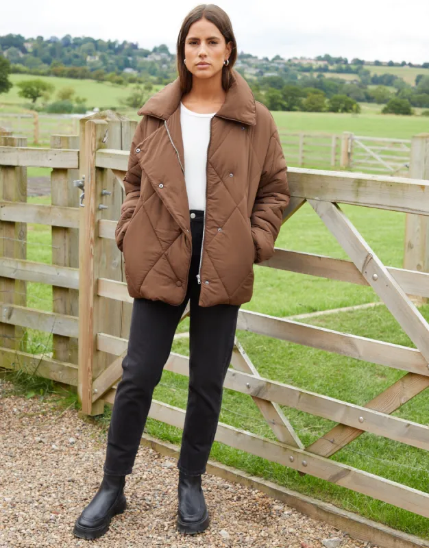 Threadbare Women's Chocolate Brown Collared Diamond Quilted Heritage Jacket sold by Threadbare